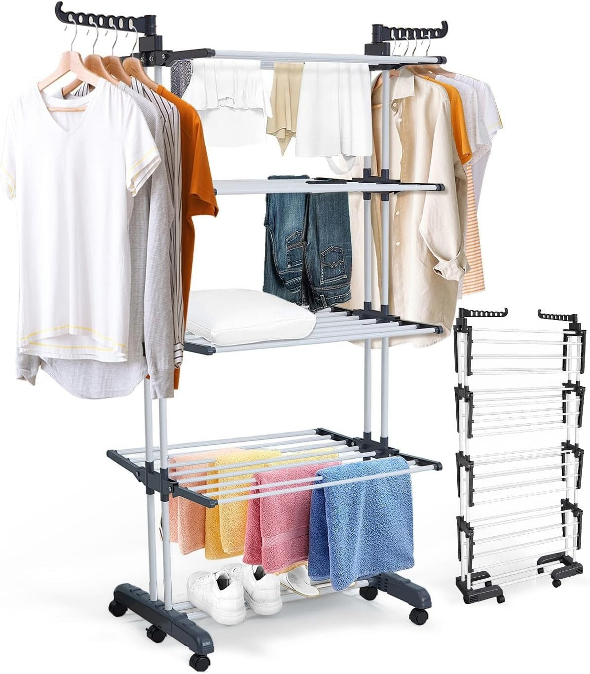 5-Tier Foldable Stainless Steel Clothes Drying Rack with Wheels – Grey