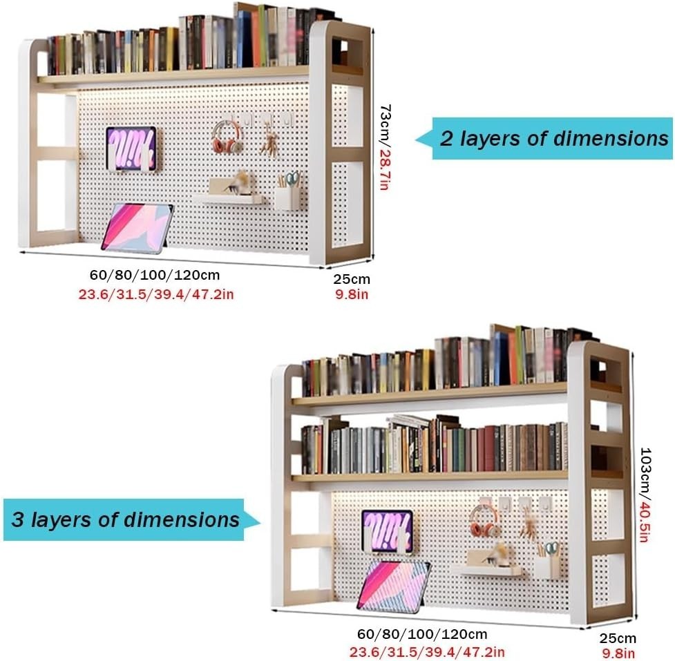 120cm White Desktop Bookshelf 2-Tier Desk Hutch Pegboard Storage Organizer Shelf