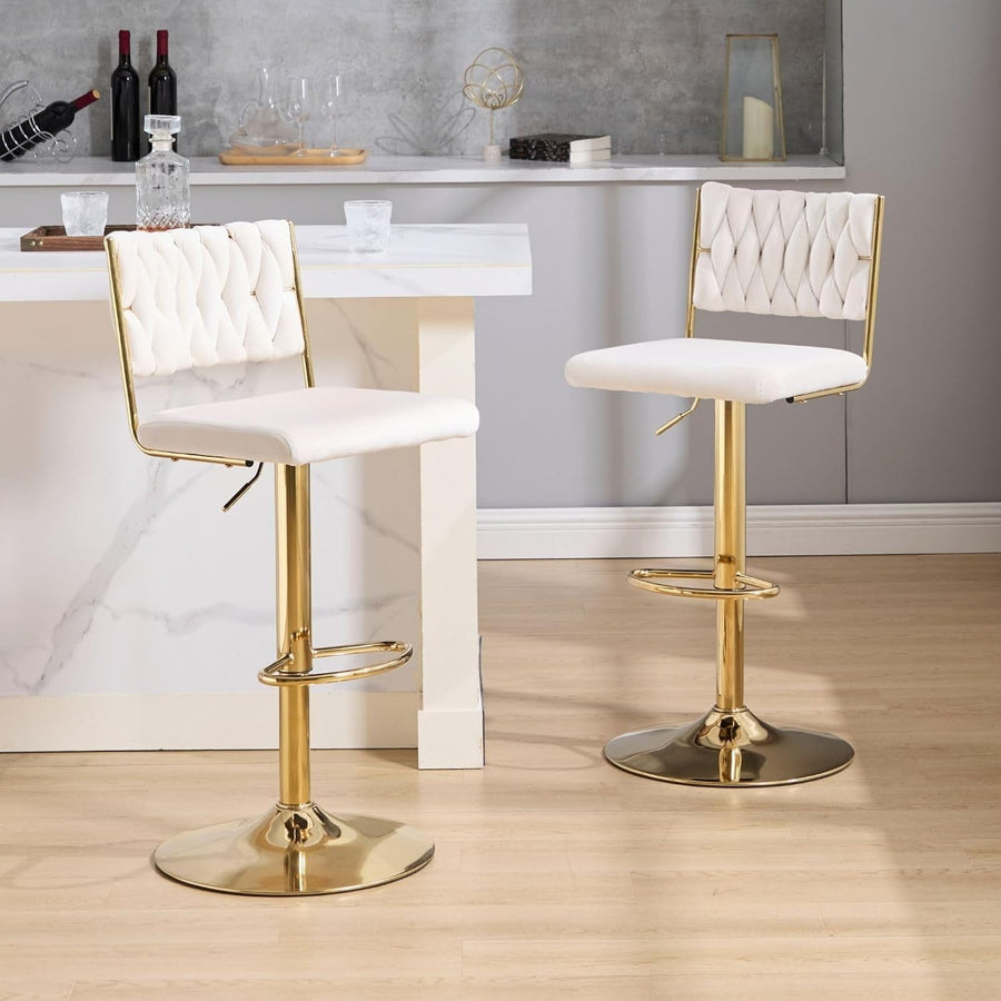 Adjustable Velvet Bar Stools Set of 2 Beige Swivel Counter Chairs