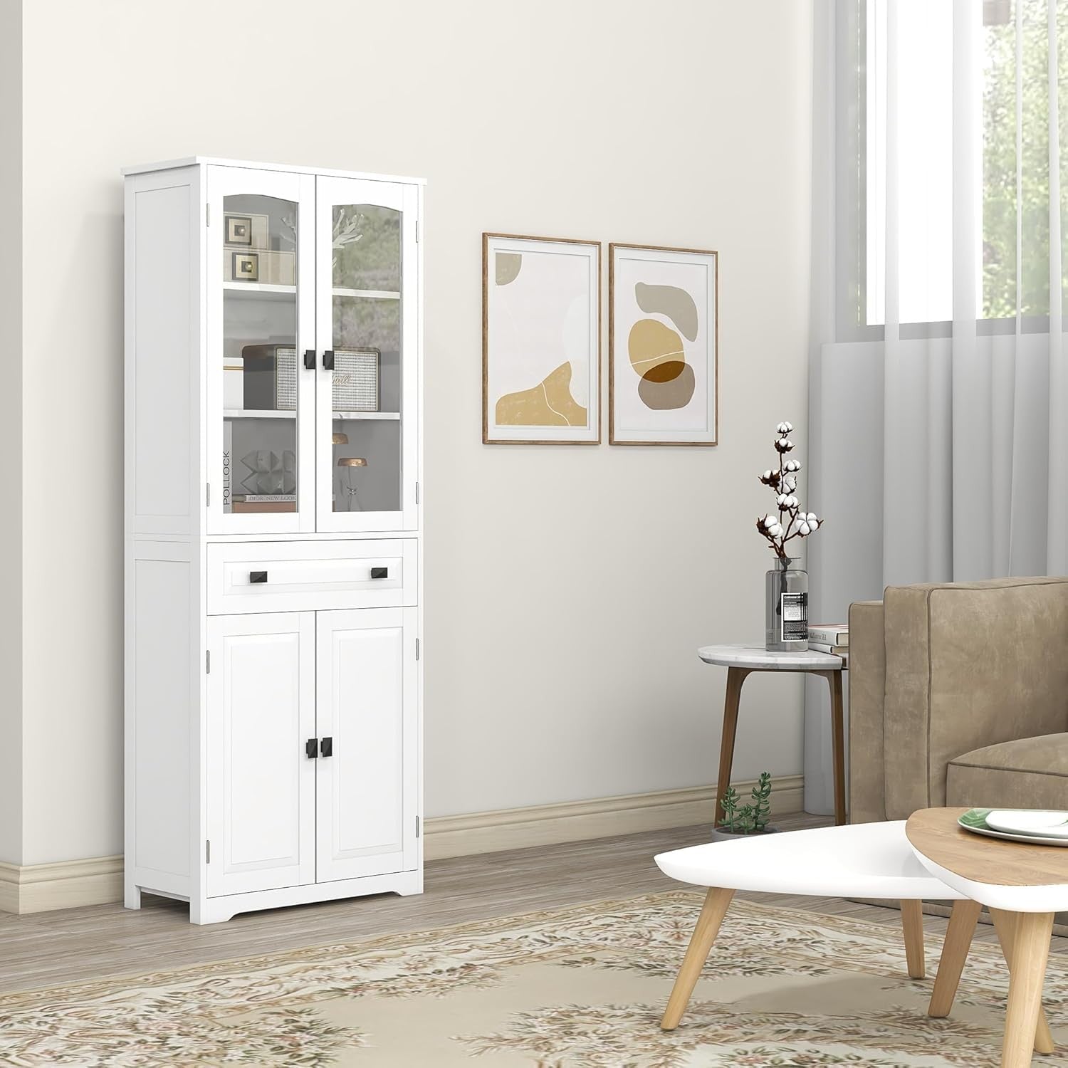 Tall White Kitchen Storage Cabinet Cupboard with Drawer & Glass Doors 160cm
