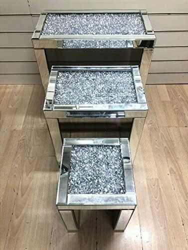 Crushed Diamond Coffee Table Nest Set Mirrored Silver Glass Wood Rectangular