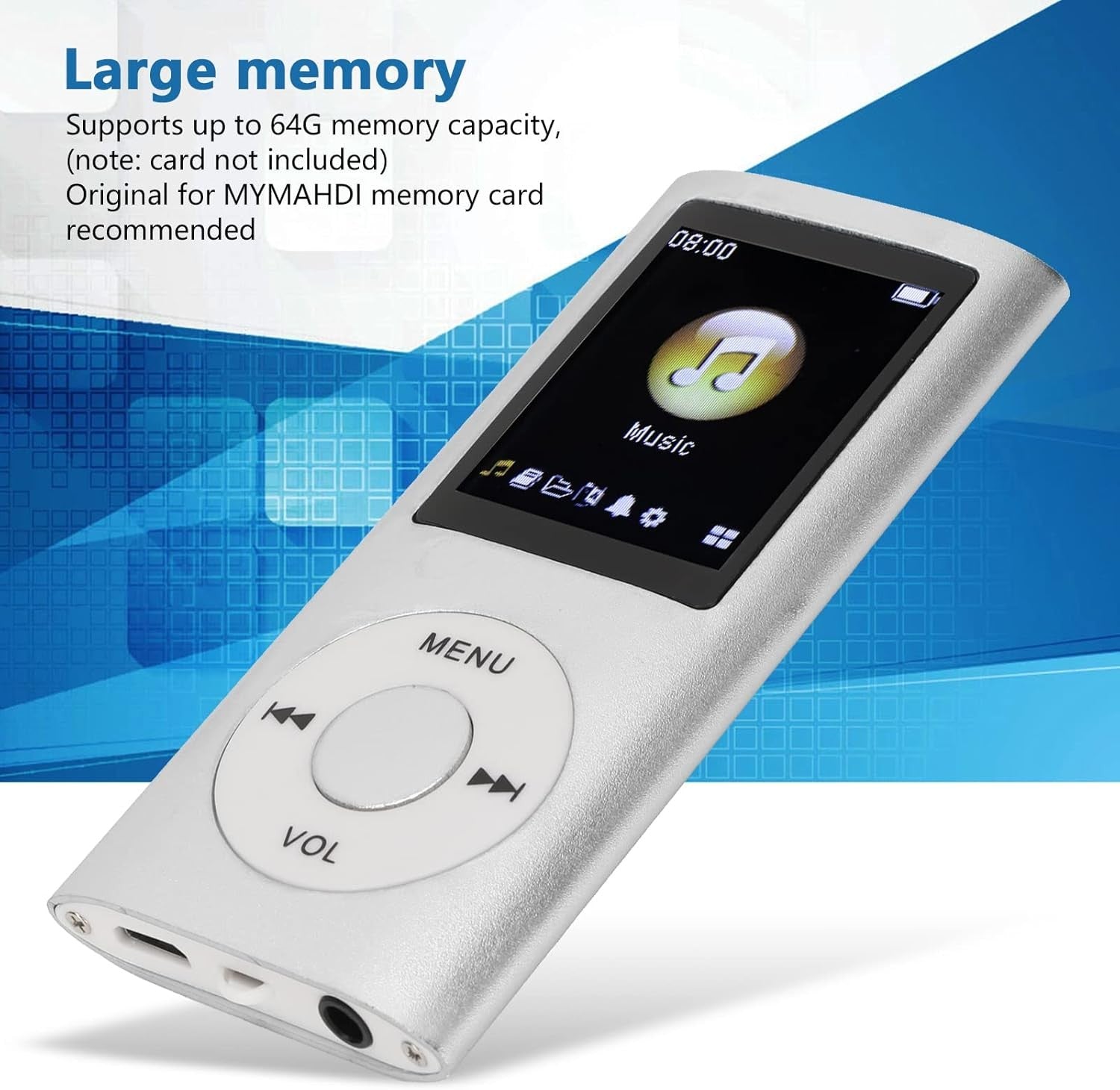 Portable Slim MP3 Player 1.8" LCD Lossless Music Player 64GB Silver