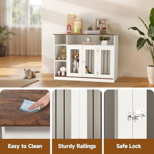 Wooden Dog Crate Furniture White – Lockable Medium Pet Kennel Cabinet