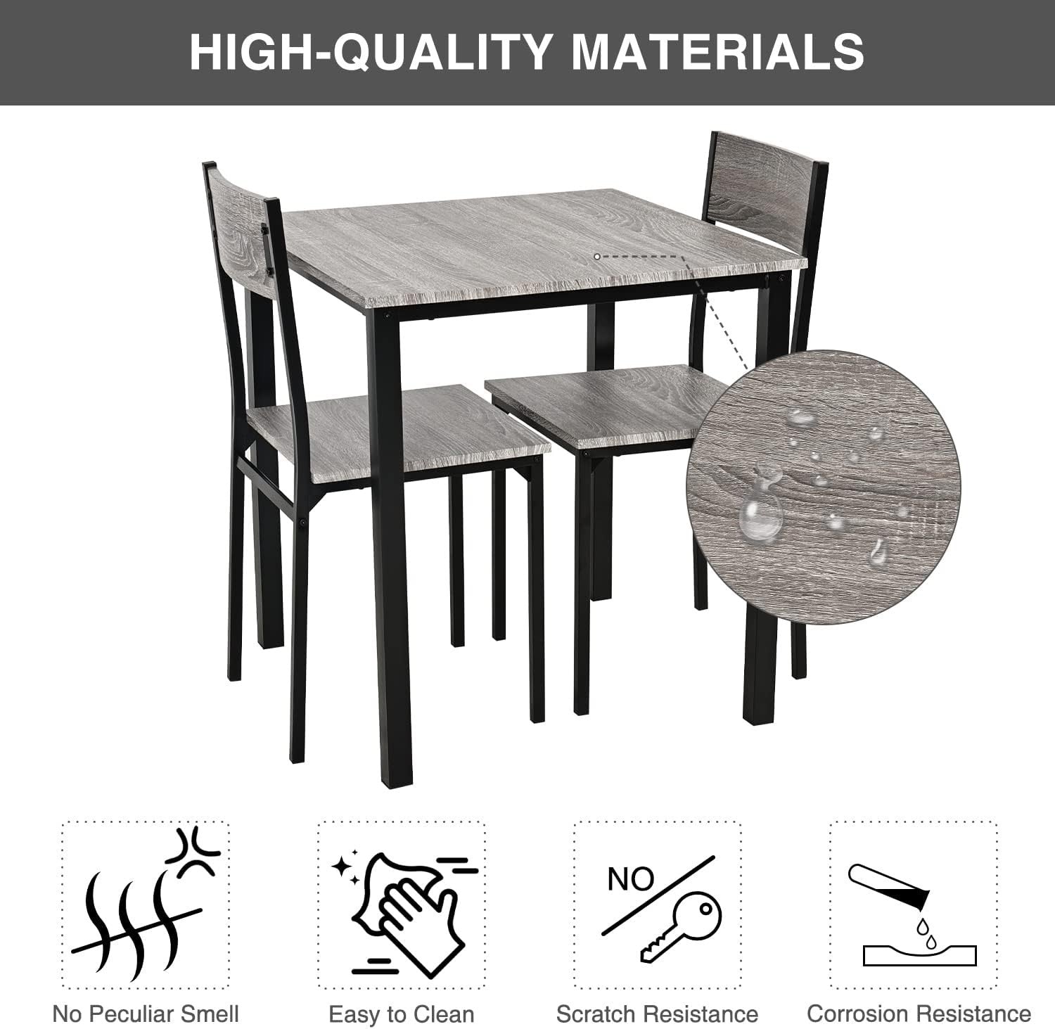 3 Piece Small Dining Table Set w/ 2 Chairs | Grey Wood Effect, Space Saver