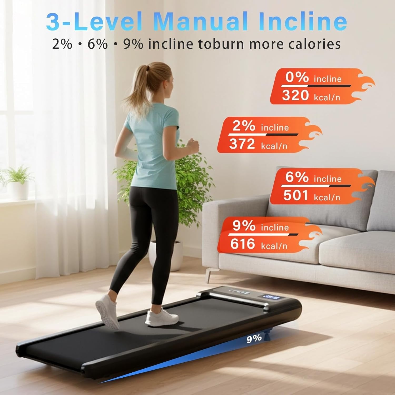 Under Desk Walking Pad Treadmill 3-in-1 Incline 2-6KM/H Home Office