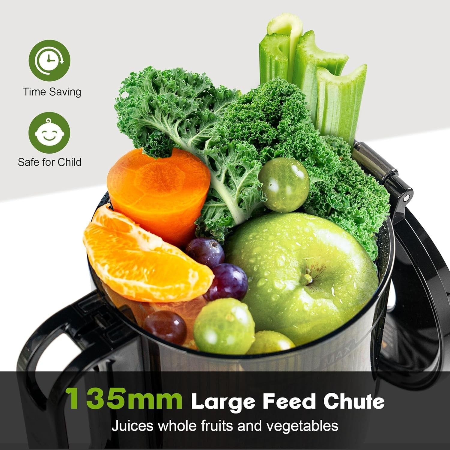 Cold Press Juicer 135mm Wide Chute Whole Fruit 250W Quiet High Yield BPA