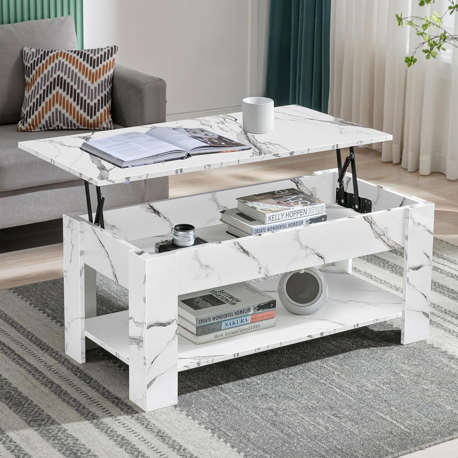 Lift Top Coffee Table with Storage White Marble 120x60cm Modern Living Room