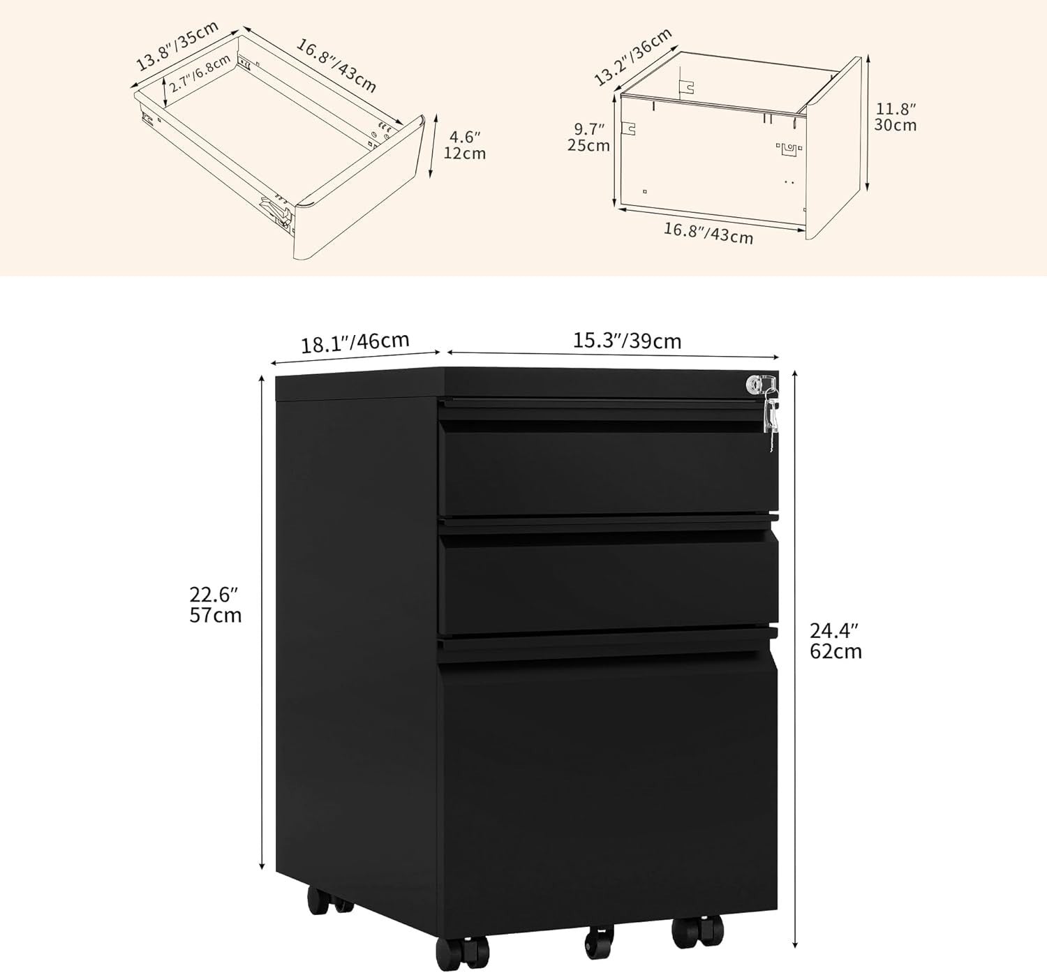 Black Locking Steel File Cabinet 3 Drawer Rolling Under Desk Storage