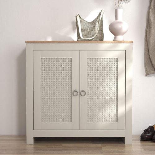 12 Pair Rattan Shoe Cabinet – 2 Door Modern Shoe Rack with Shelves – Oak