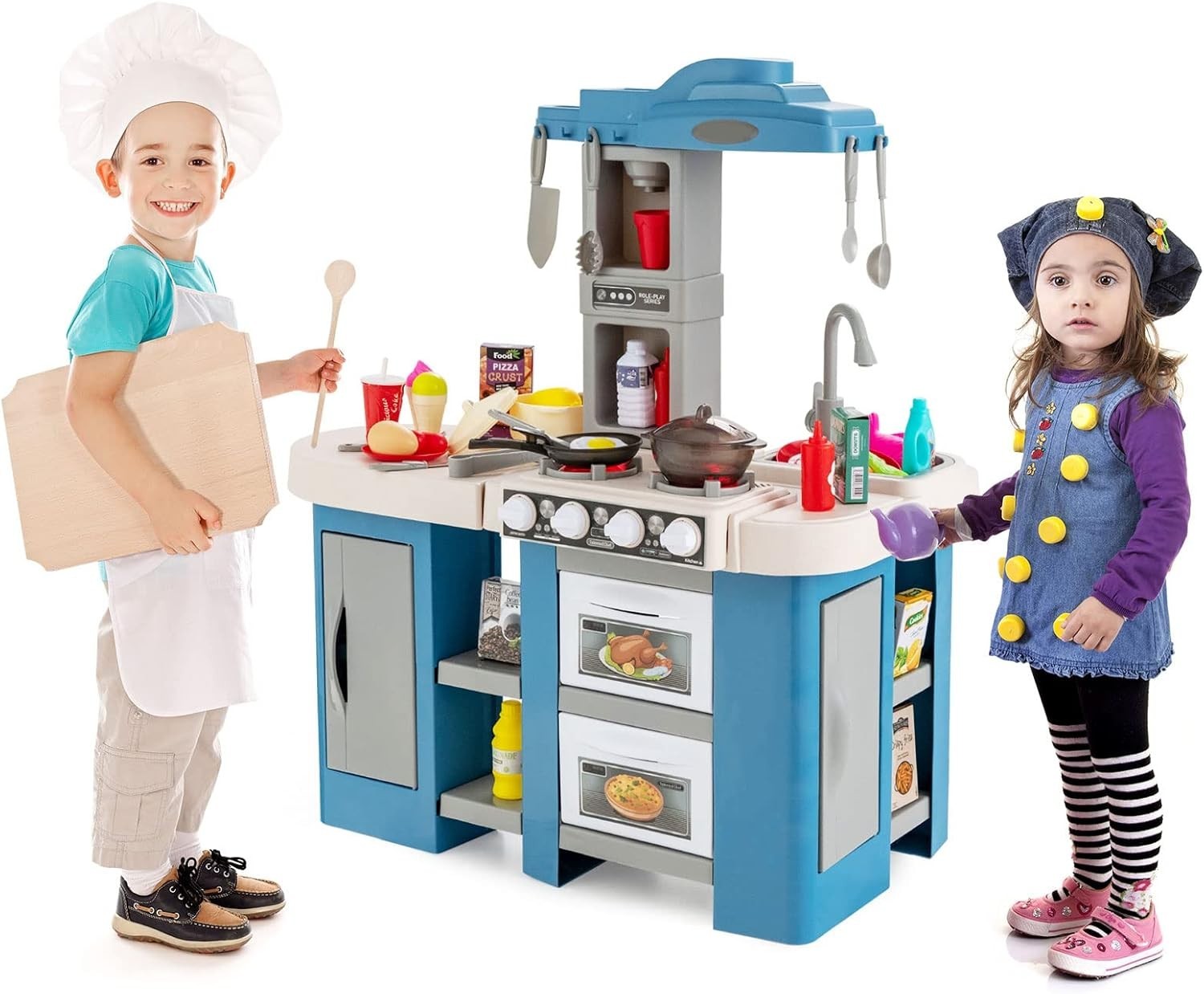 Kids Play Kitchen Blue w/ Lights Sounds Running Water Steam Effects