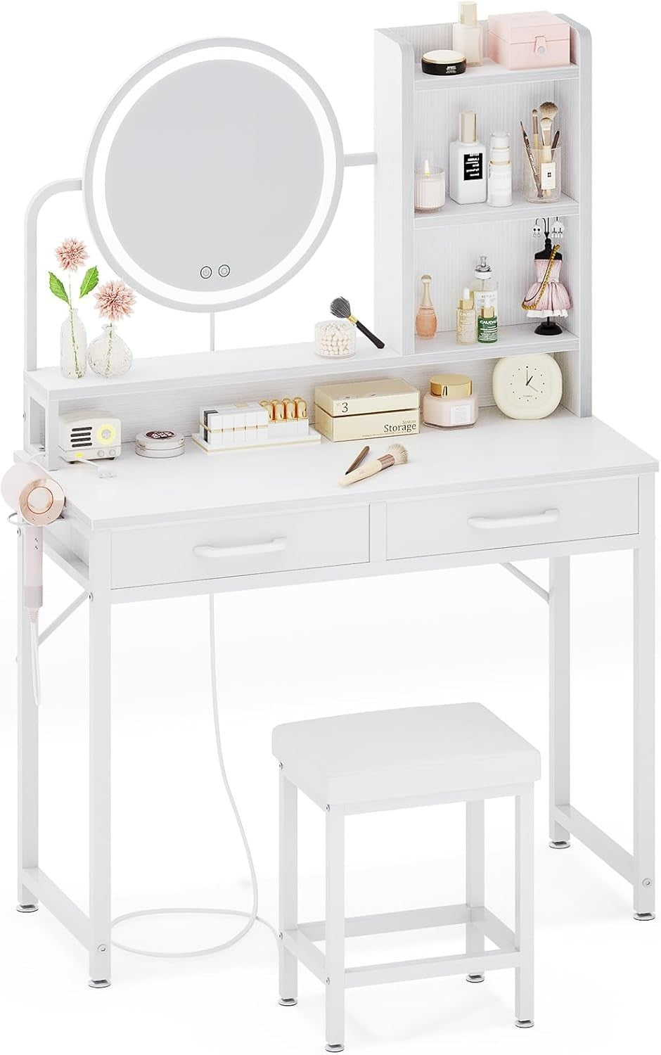 White Vanity Dressing Table Makeup Desk with LED Mirror & Storage Drawers 80cm