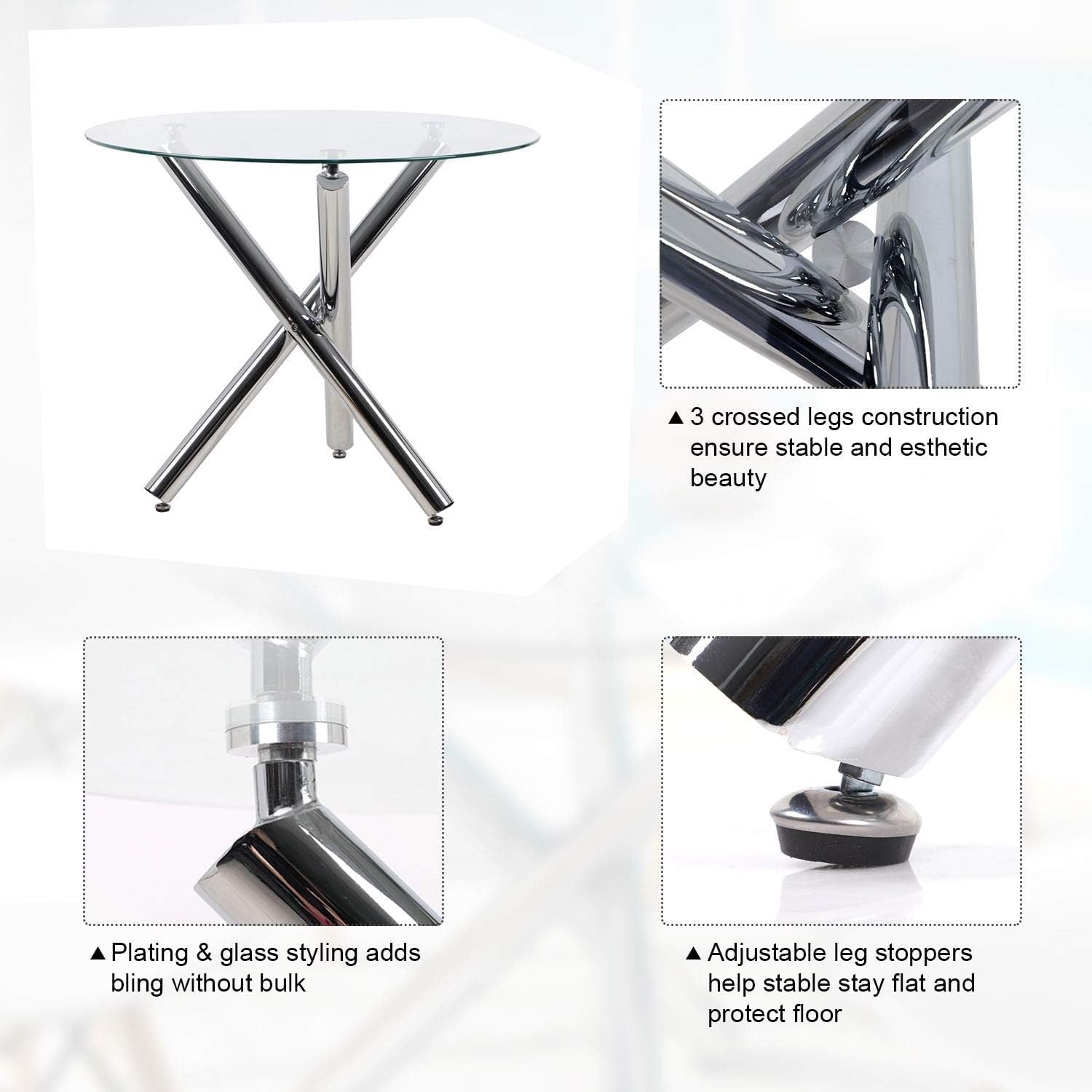 Round Glass Dining Table Set with 4 Grey PU Chairs 90cm Modern