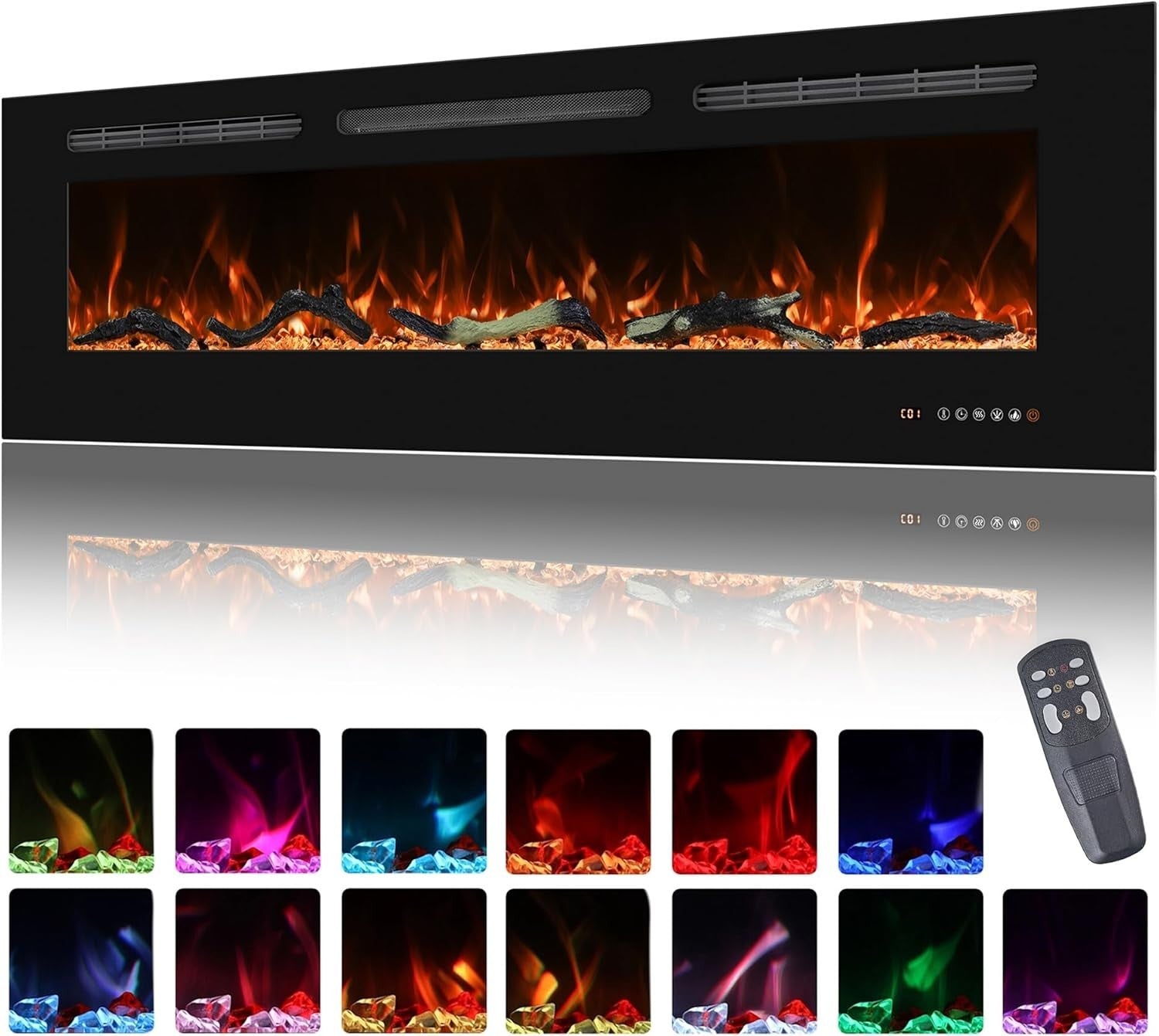 172cm Wall Mounted Electric Fireplace Heater LED Flame Timer Remote