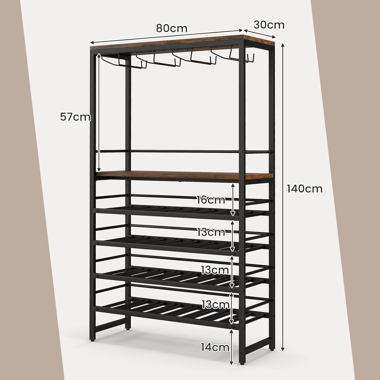 6 Tier Wine Rack 32 Bottle Bar Cabinet with Glass Holder & Display Shelves