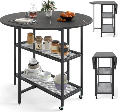 Folding Round Dining Table with Locking Wheels & 2-Tier Shelves Black