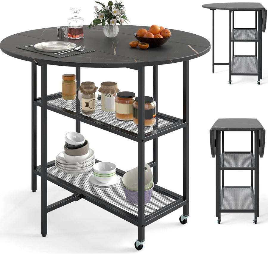 Folding Round Dining Table with Locking Wheels & 2-Tier Shelves Black