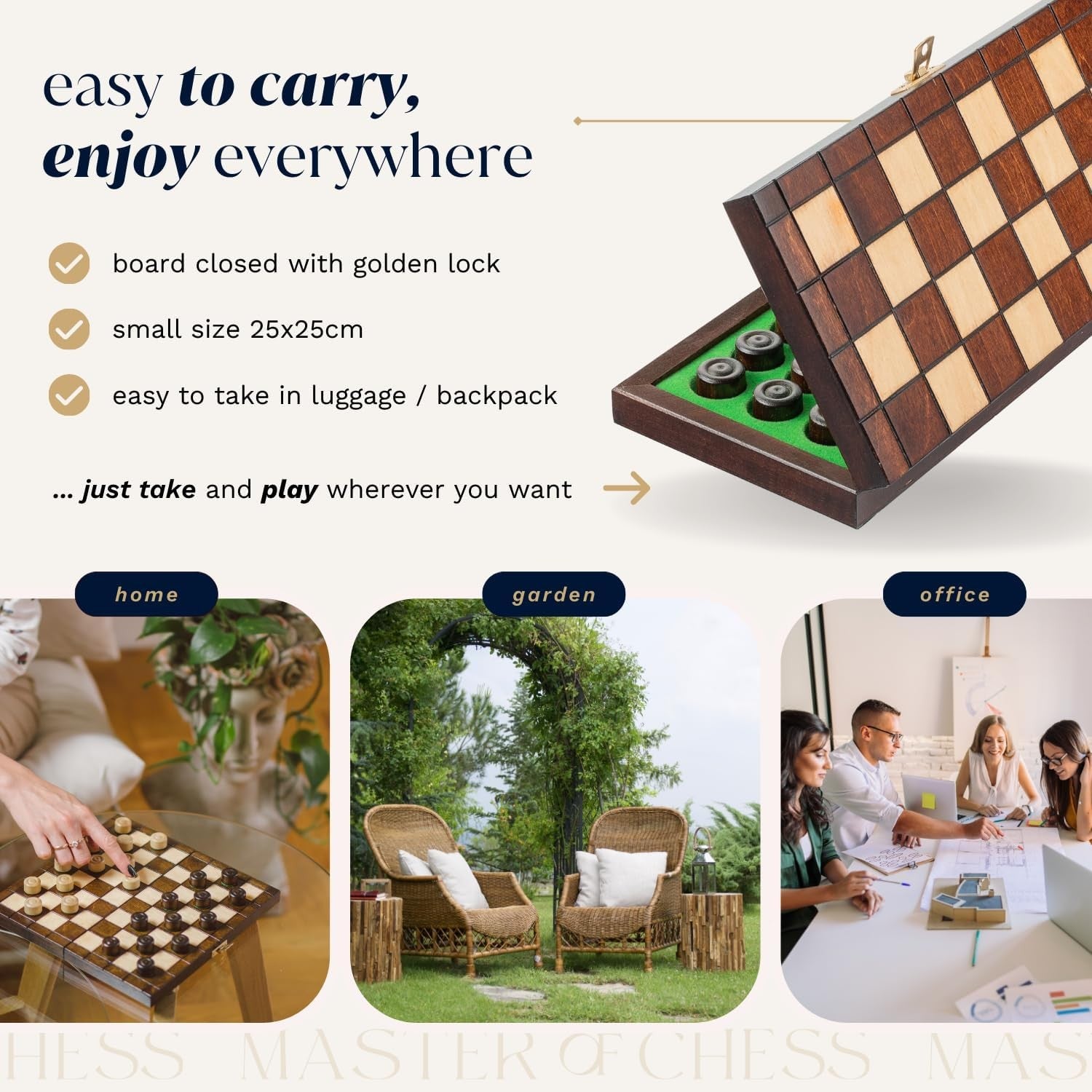 25cm Wooden Checkers Set | Folding 64-Square Travel Draughts Board | Compact Gam