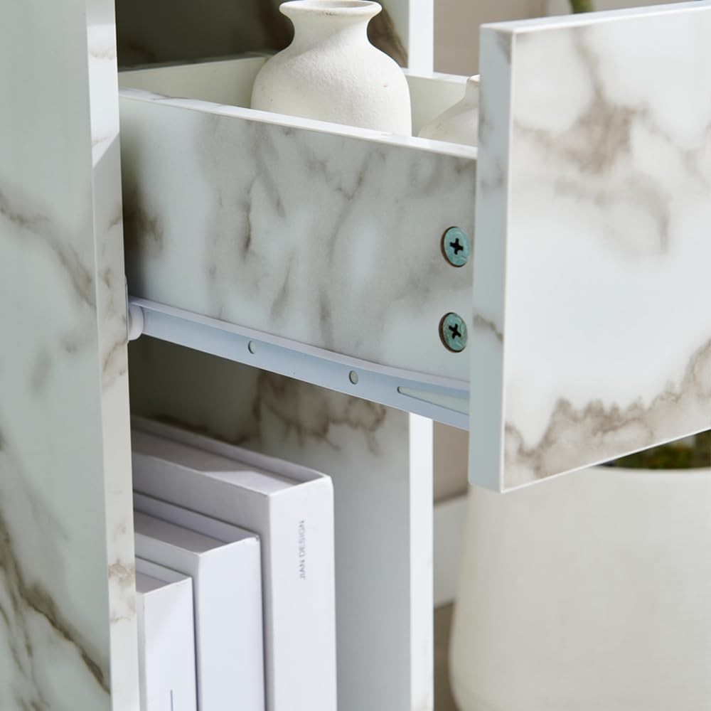 White Marble High Gloss Slim Bedside Table with Drawer & Shelf for Small Spaces