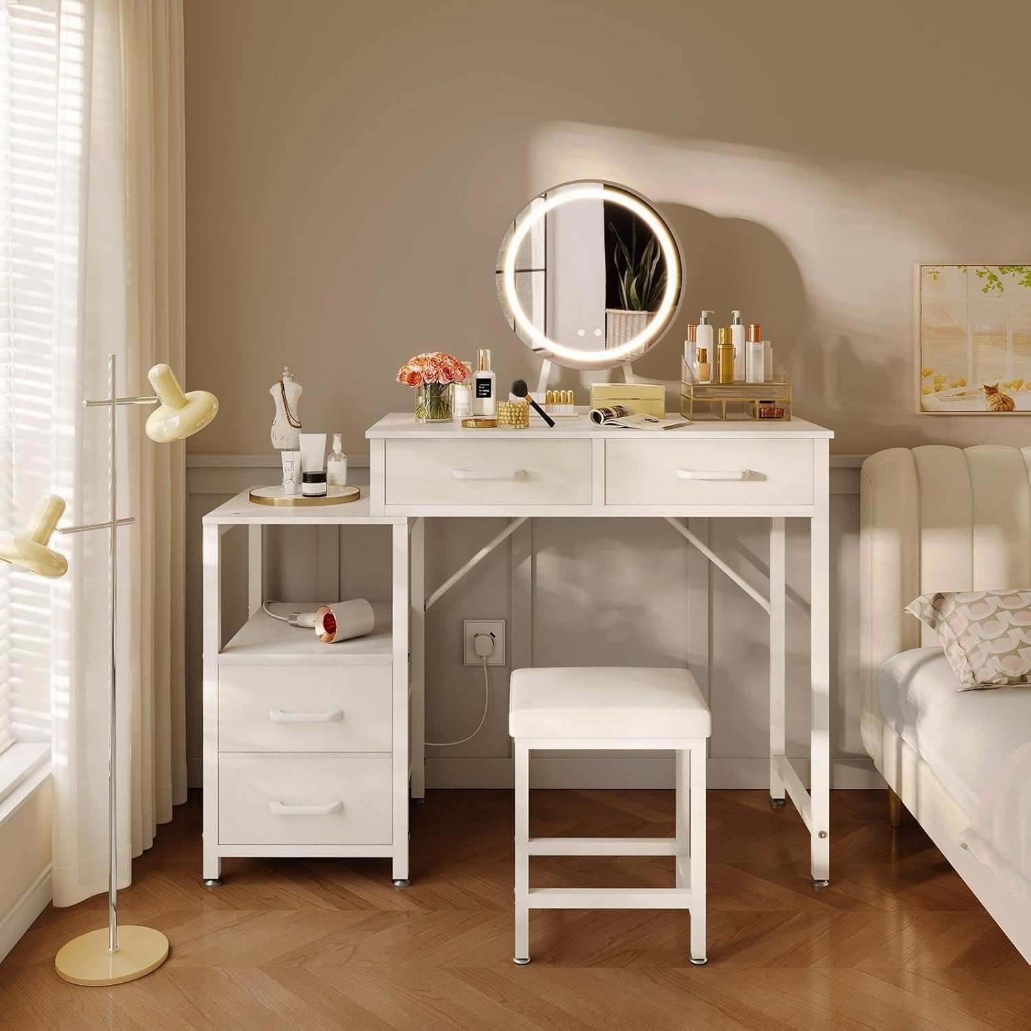 Vanity Makeup Dressing Table Set with LED Mirror Stool Storage White Modern