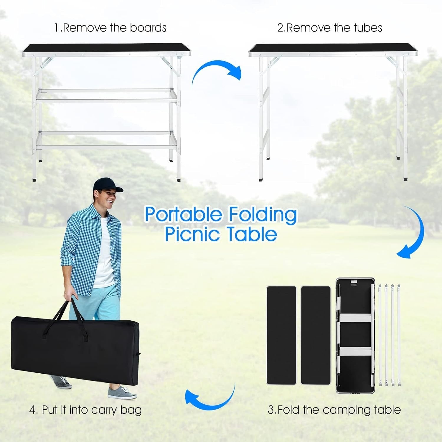 Folding Camping Table 110cm Portable Picnic Table 2-Tier Storage BBQ Outdoor