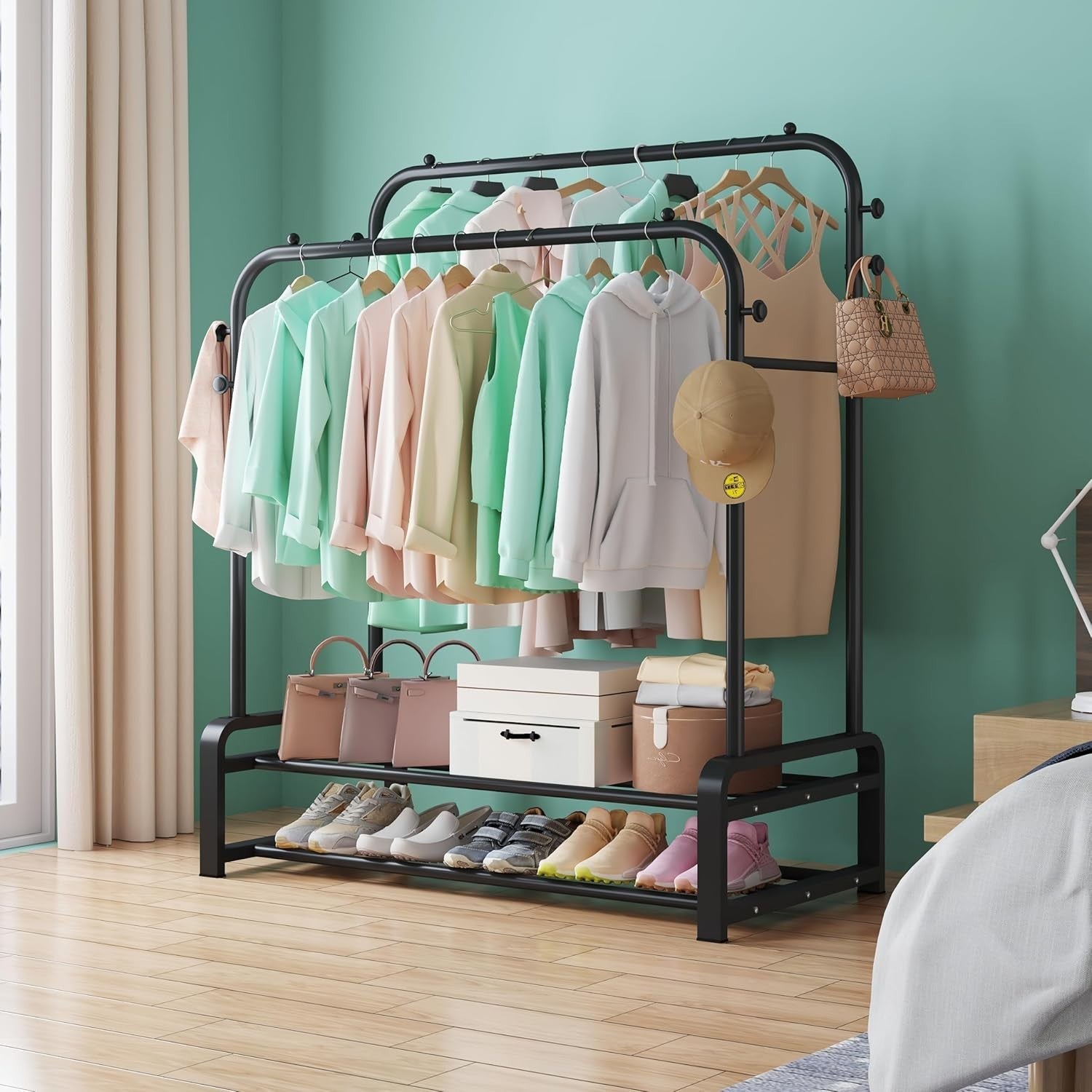 Heavy Duty Double Rail Clothes Rack with Shoe Shelves – Black