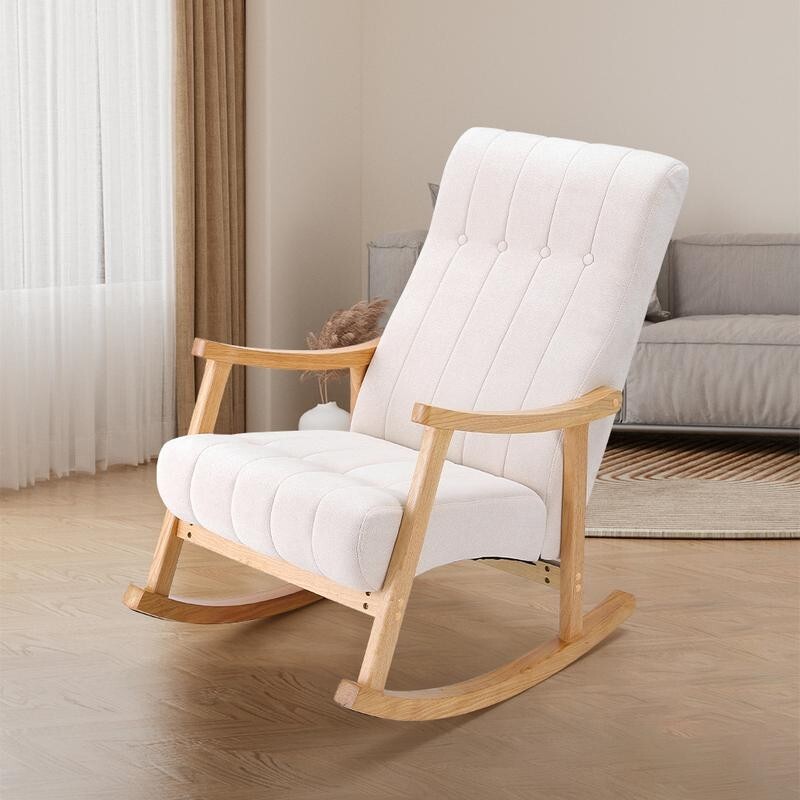 Beige Velvet Rocking Chair Tufted Armchair with Wooden Frame Lounge Seat