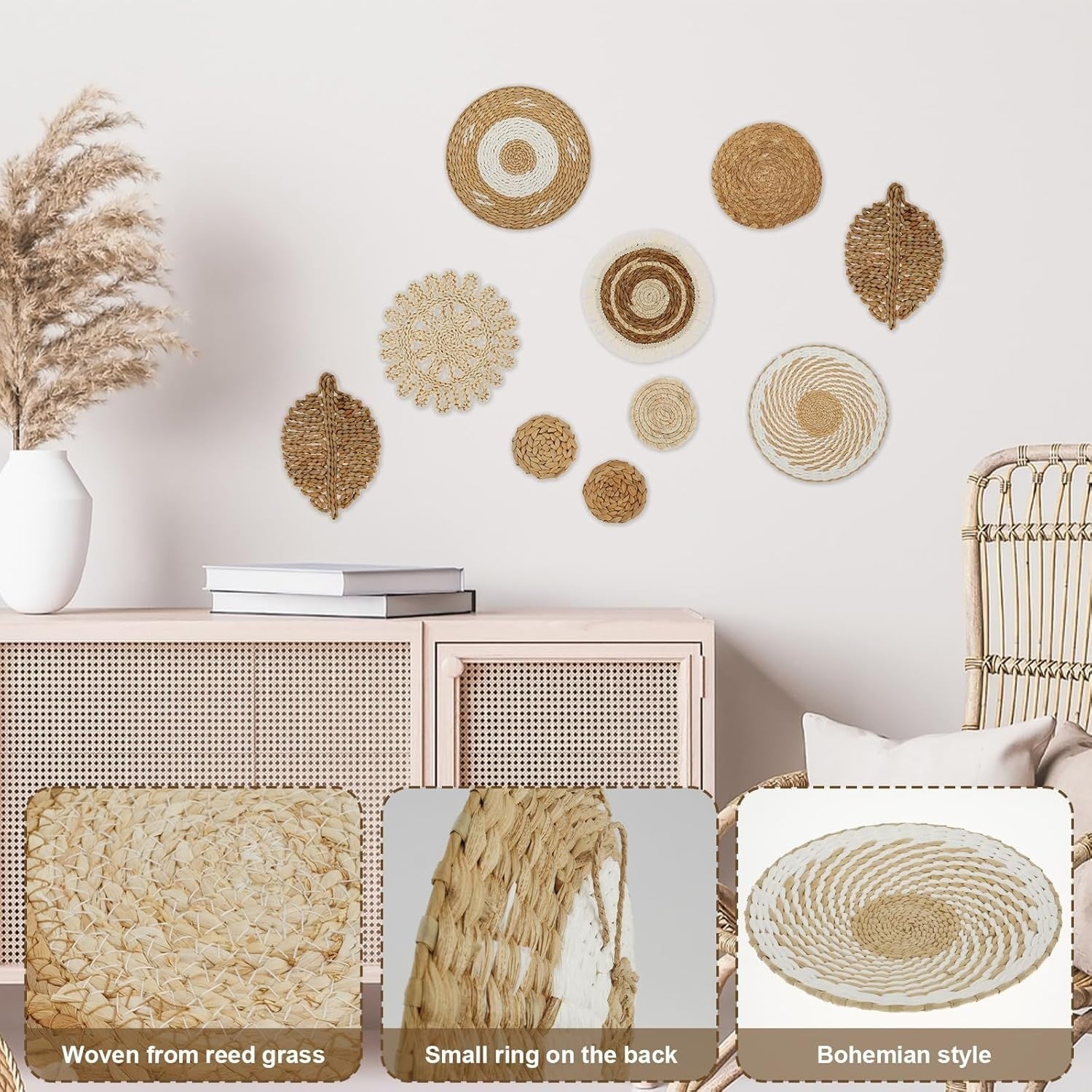 10PCS Boho Woven Wall Baskets Handmade Rattan Decor Round Set