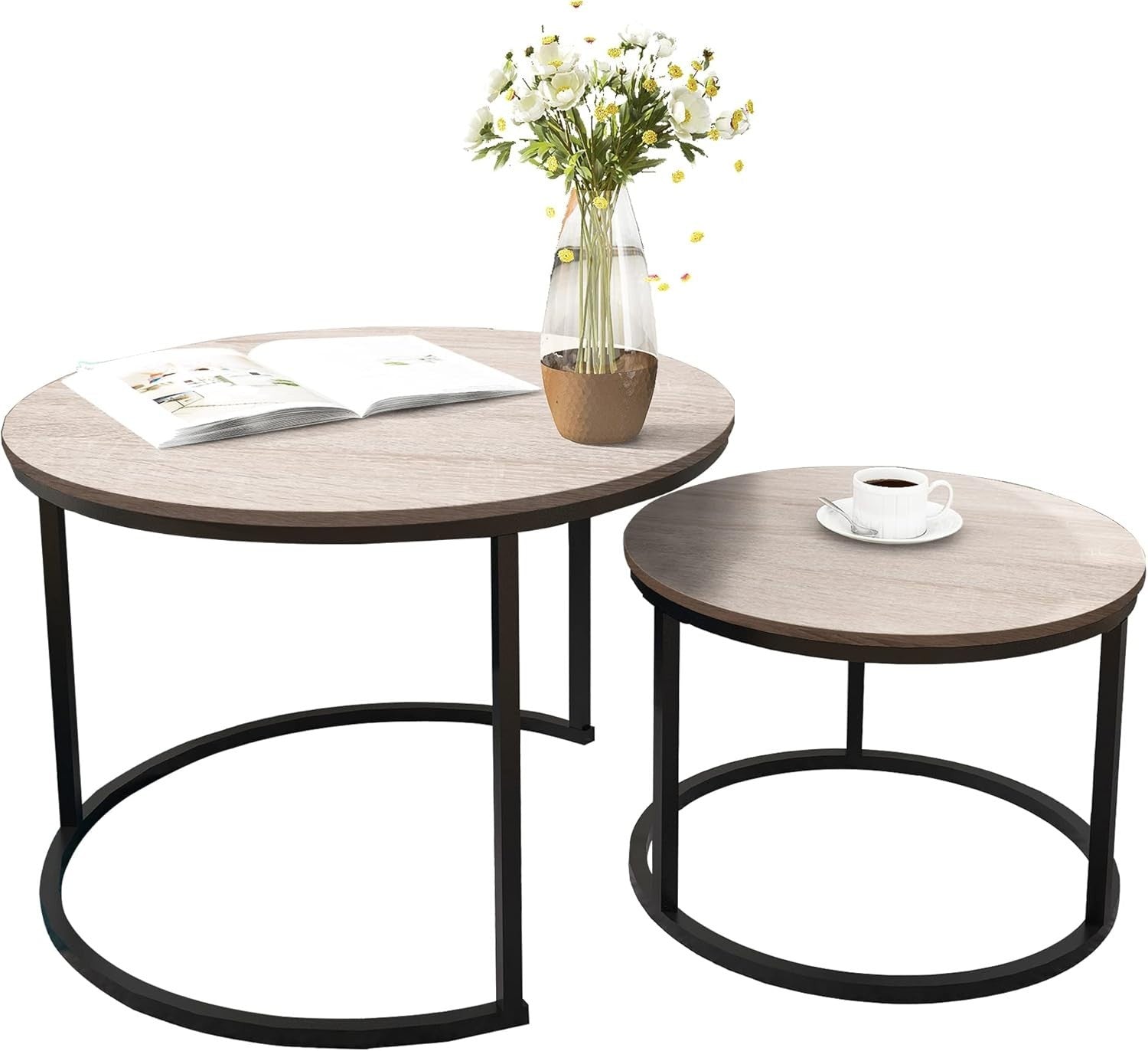 Nesting Coffee Table Set Wood Round Storage Side End Tables for Living Room