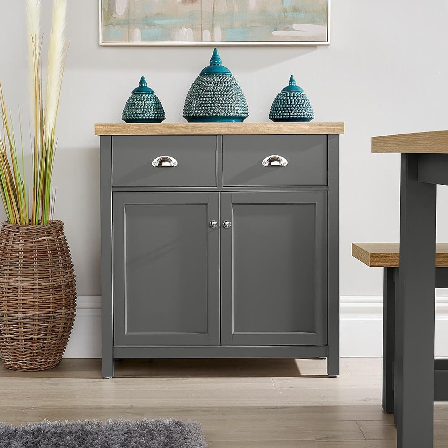 Dark Grey Sideboard Cabinet 2 Drawers 2 Doors Modern Storage Console Unit