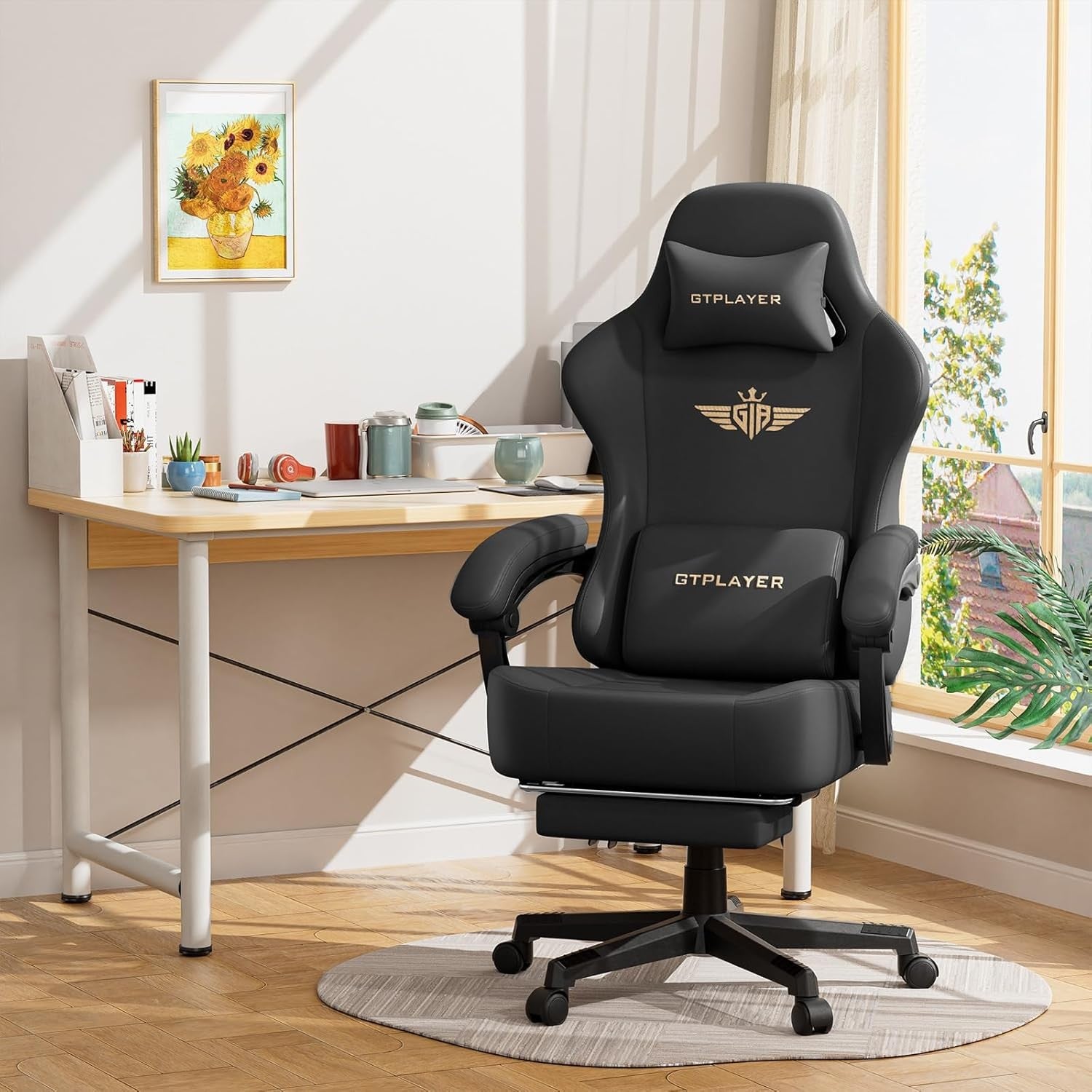 Ergonomic Gaming Chair w/ Footrest Reclining Faux Leather Black