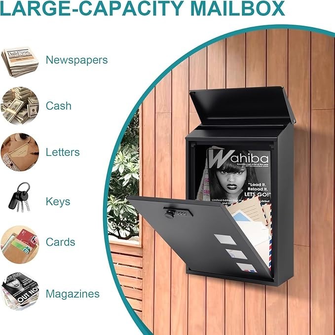 Wall Mounted Steel Mailbox Black Combination Lock Weatherproof 40x25x10cm
