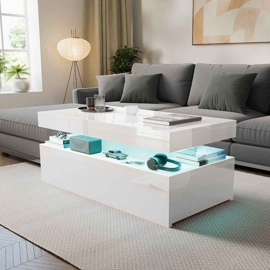 High Gloss Rectangle Coffee Table with 2 Drawers & RGB LED Lights 94x47x38cm