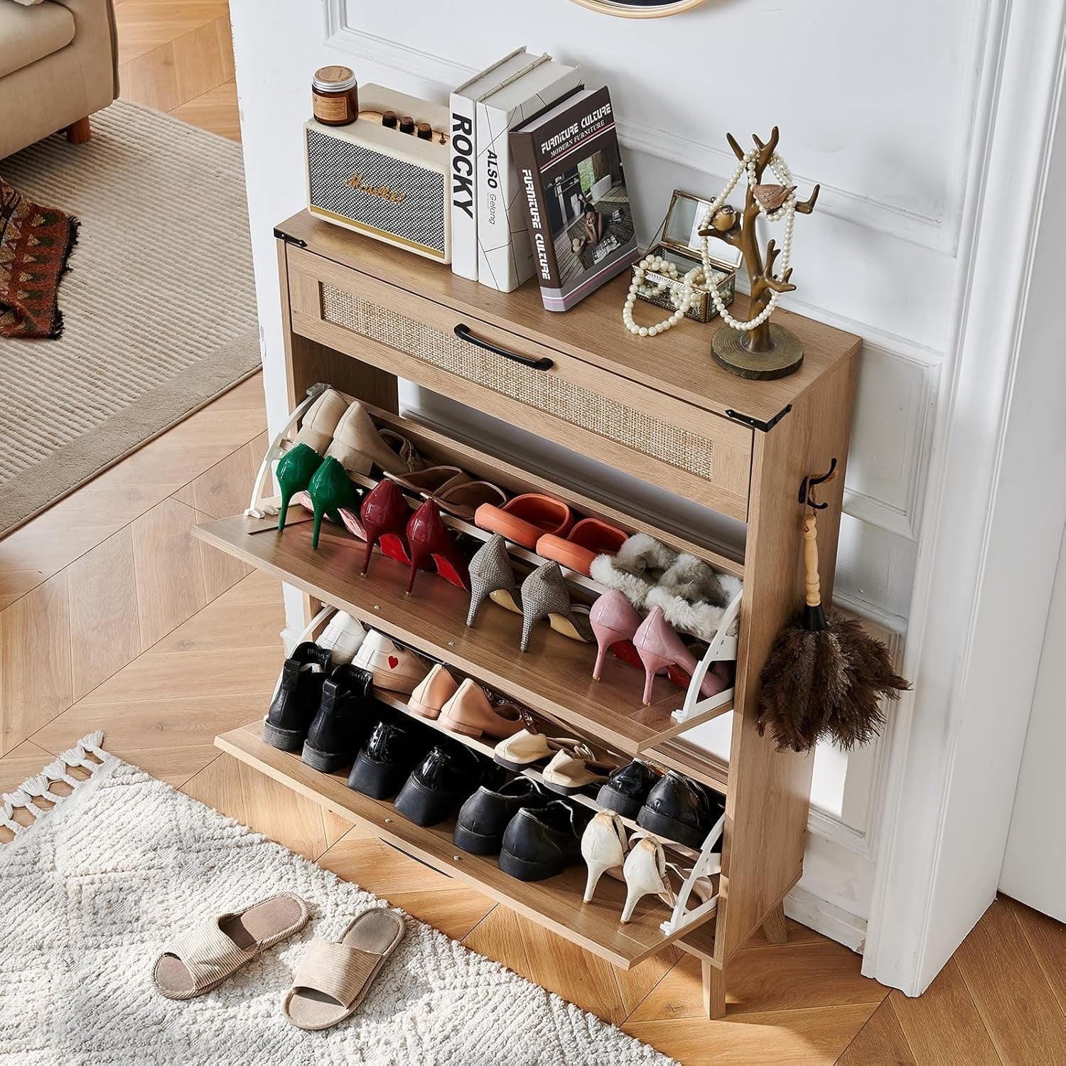 Slim Entryway Shoe Cabinet with Rattan Flip Drawers & Adjustable Shelves
