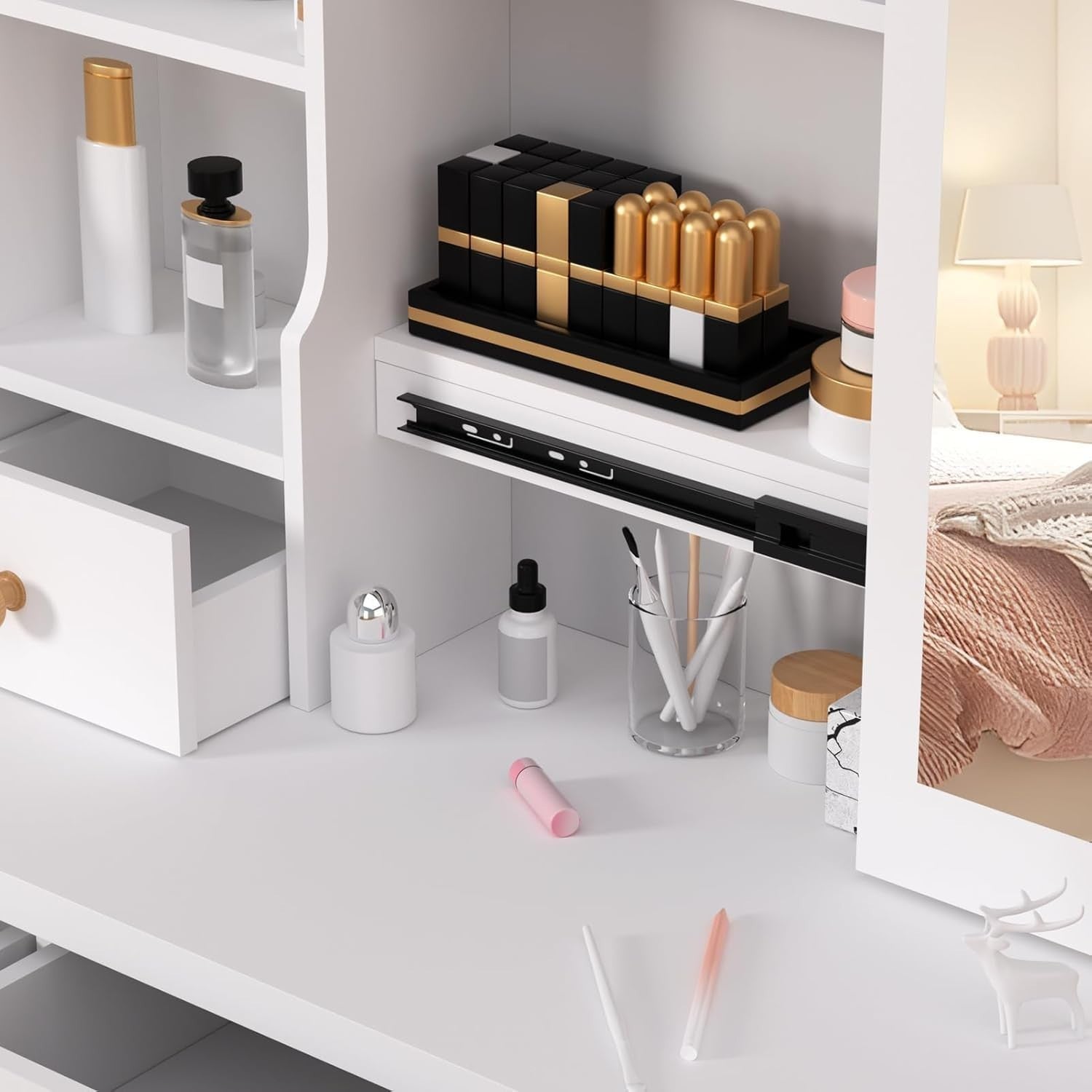 Modern Vanity Dressing Table w/Sliding Mirror 5 Drawers Lockable Storage
