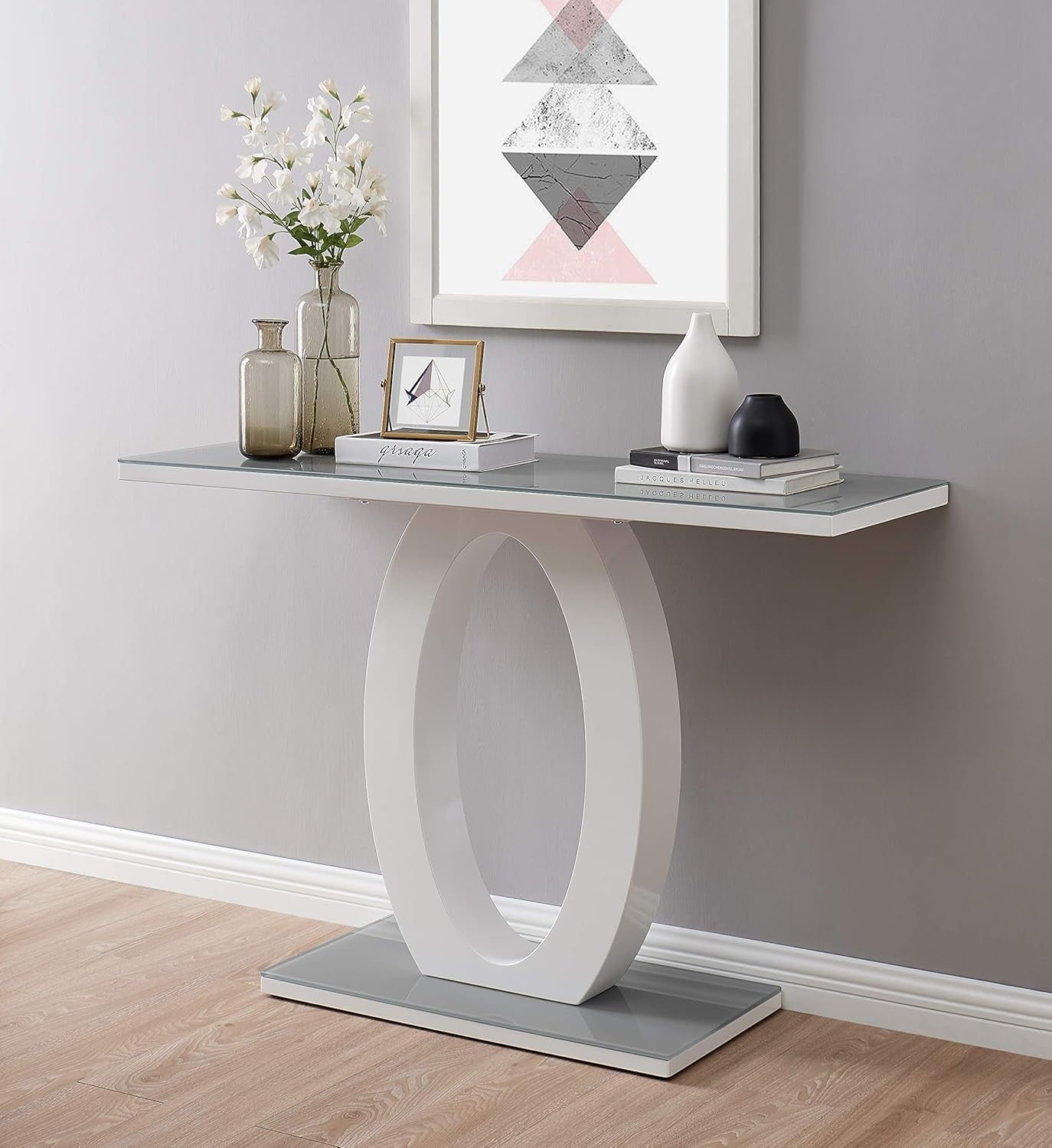 120cm Grey White Console Table – High Gloss Glass Top Modern Hallway Unit