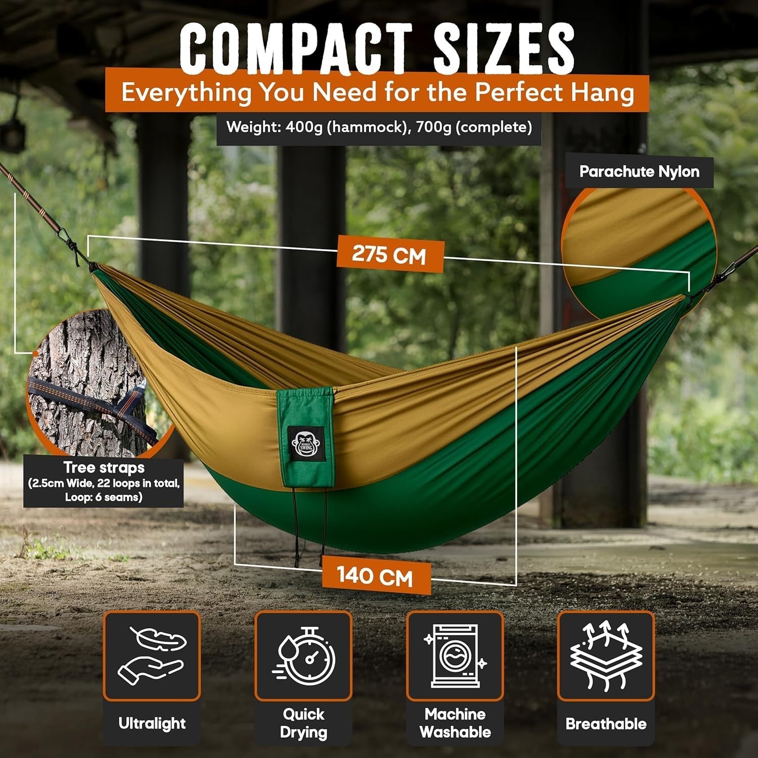 Ultralight Camping Hammock Green/Khaki | 300kg Load, Tree Straps & Carabiners