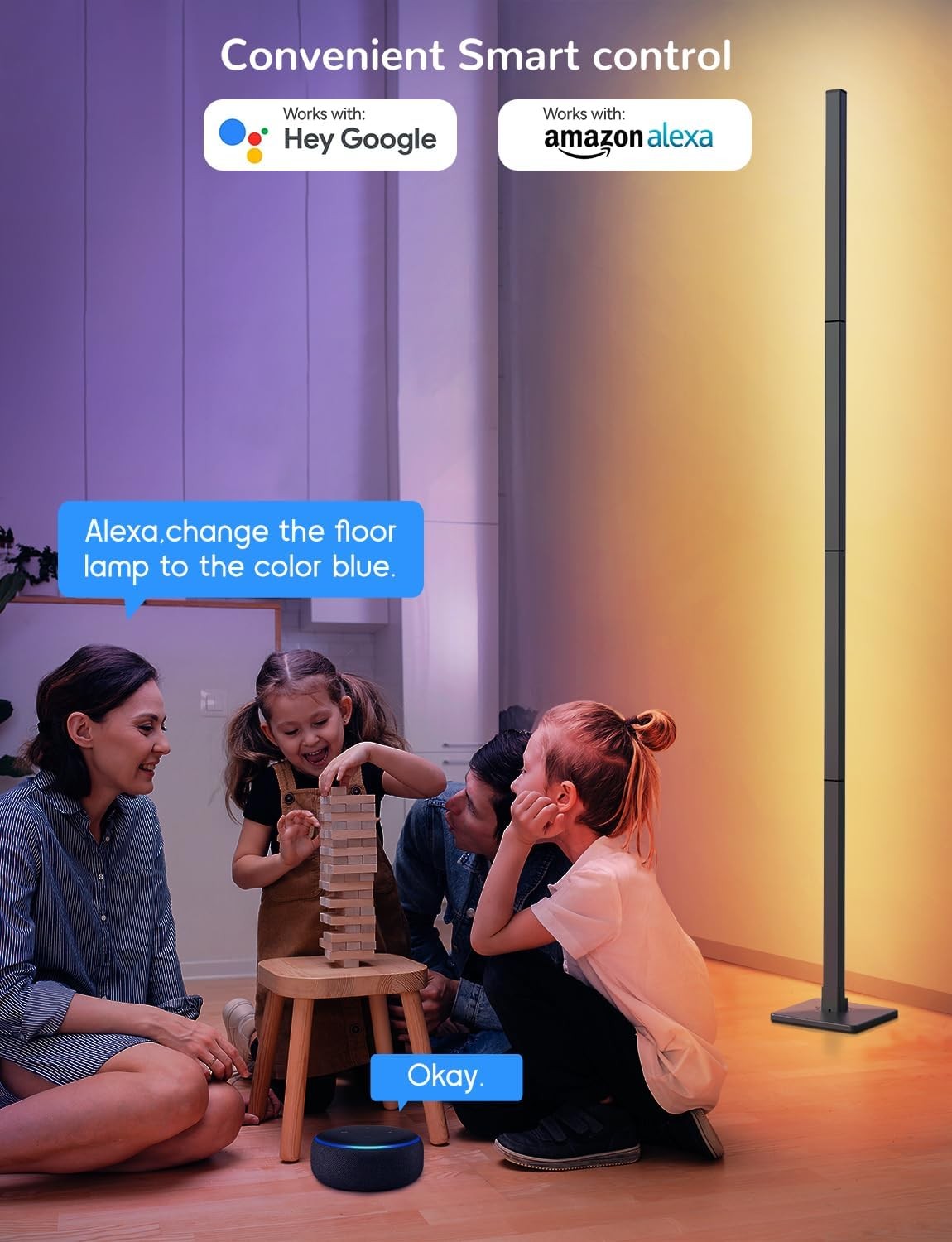 Smart LED Corner Floor Lamp 60 Inch App Alexa Google RGB Mood Light
