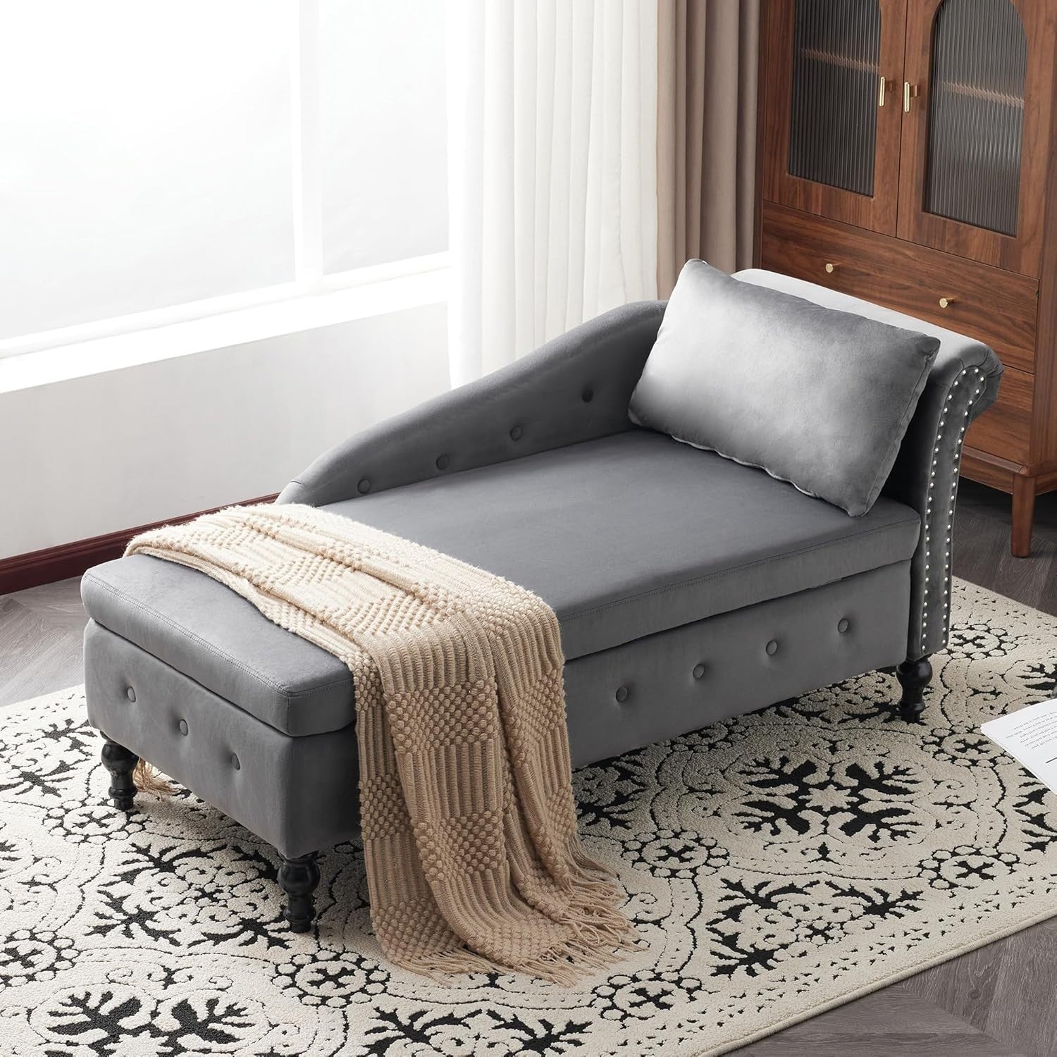 Ergonomic Chaise Lounge Sofa with Storage Velvet Upholstery Grey Beige