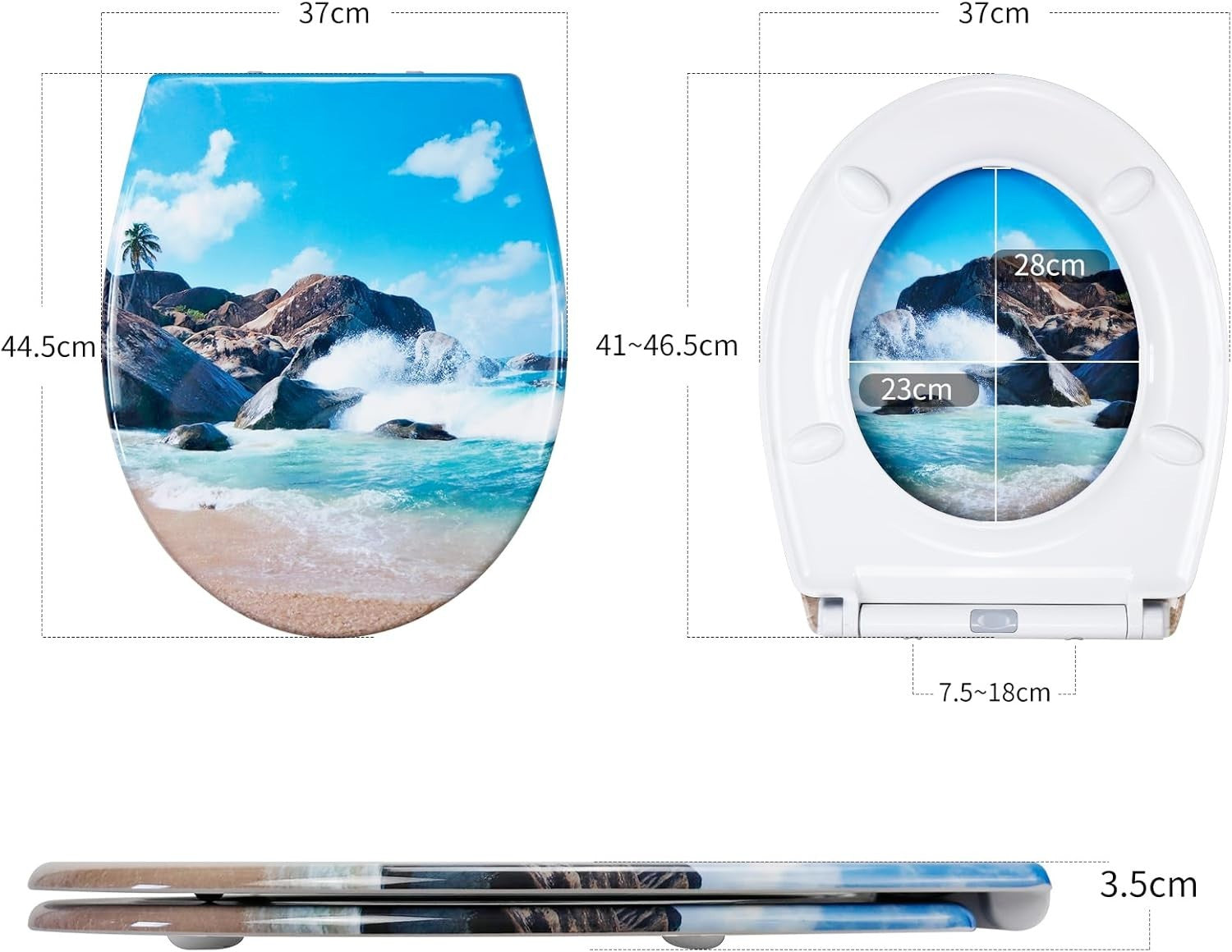 Soft Close Toilet Seat Duroplast Quick Release Top Fix Beach Pattern 45x37cm