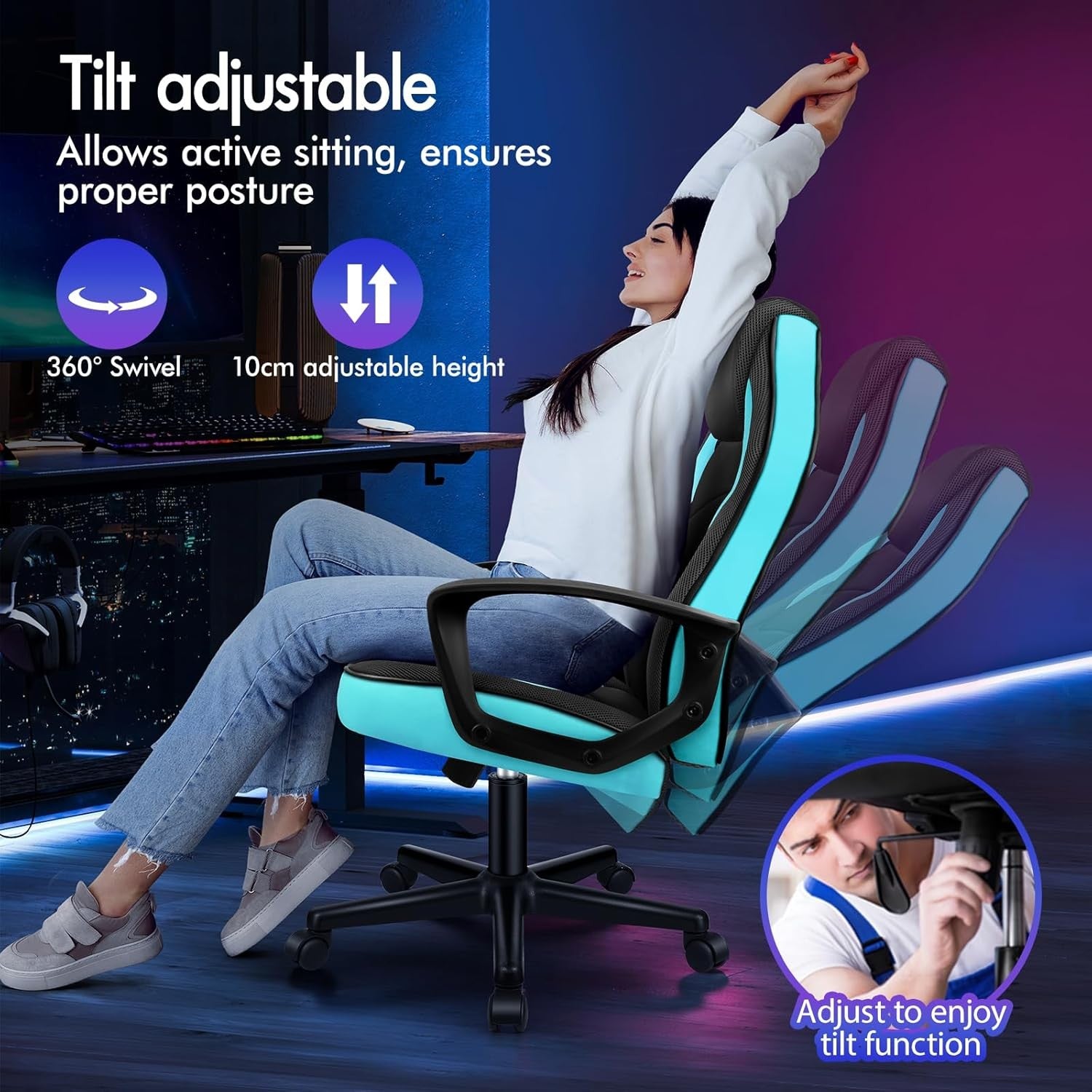 Ergonomic Gaming Chair Racing Swivel Desk Chair Mesh PU Cyan