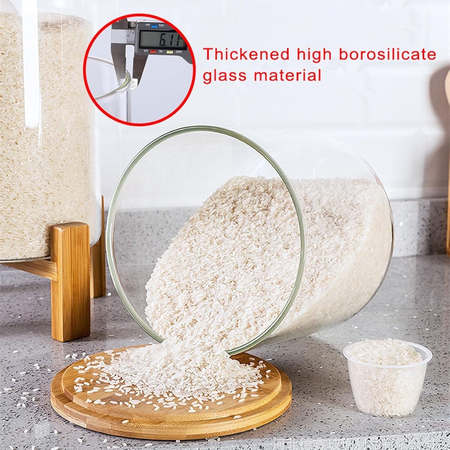 5L Glass Rice Dispenser Airtight Bamboo Stand w Cup
