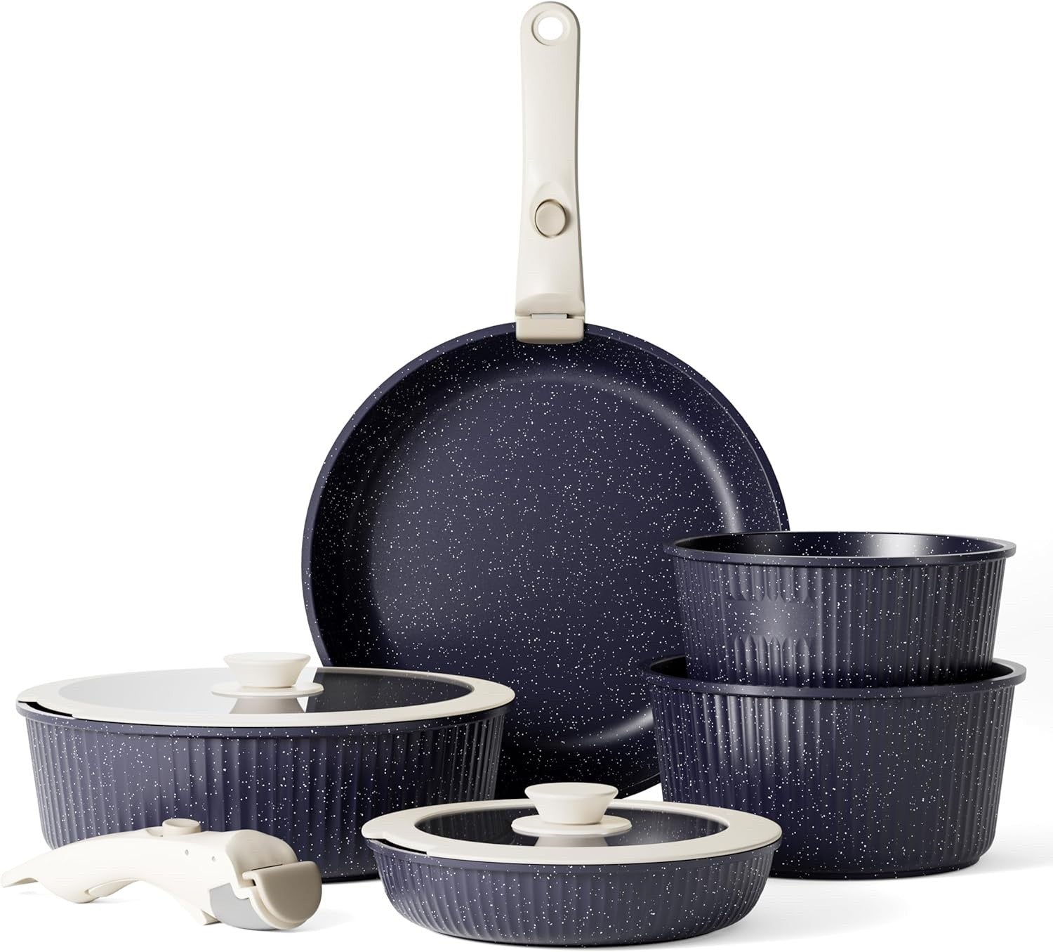 5Pcs Ribbed Dark Blue Pots Pans Set with Lids & Detachable Handle Induction Safe