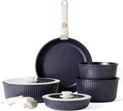 5Pcs Ribbed Dark Blue Pots Pans Set with Lids & Detachable Handle Induction Safe