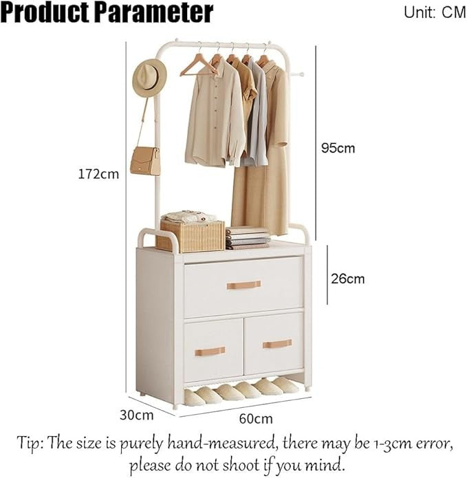 Black Floor Standing Coat Rack with Drawers & Hooks – Modern Bedroom Wardrobe