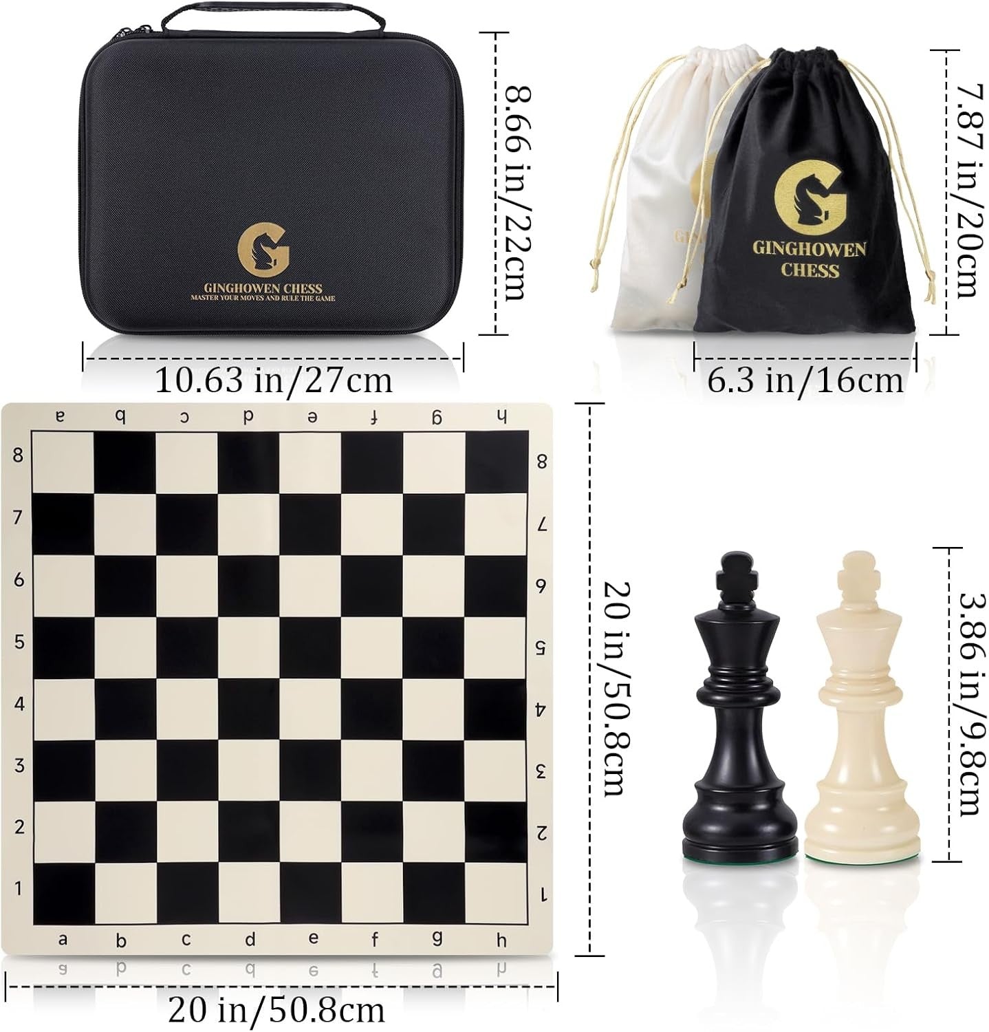 20" Tournament Silicone Chess Set Weighted Pieces Foldable Board + Carry Bag