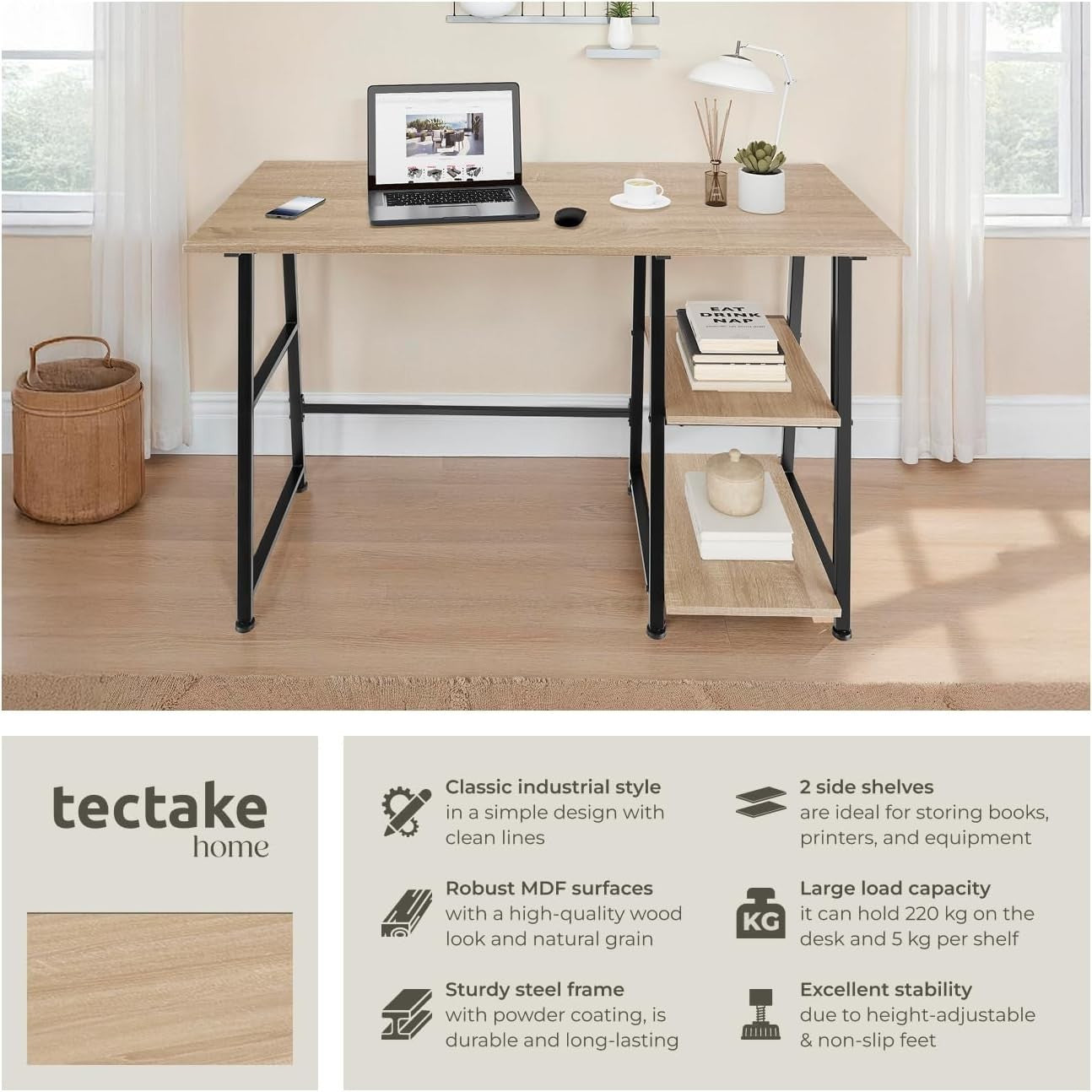 Modern Computer Desk Light Wood 120cm with Shelves & Steel Frame Office Table