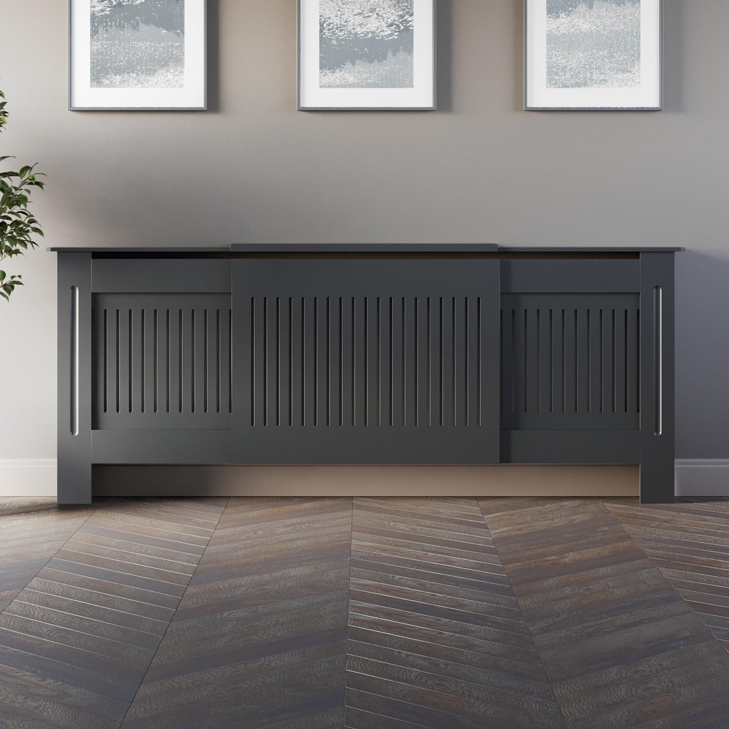 Adjustable Anthracite Grey Radiator Cover MDF Slatted Cabinet Modern Shelf 202cm