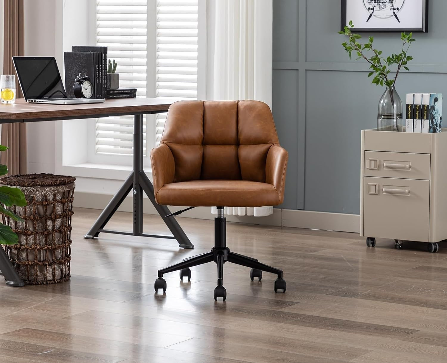 Faux Leather Office Chair Brown Swivel Desk Seat Height Adjustable Metal Base