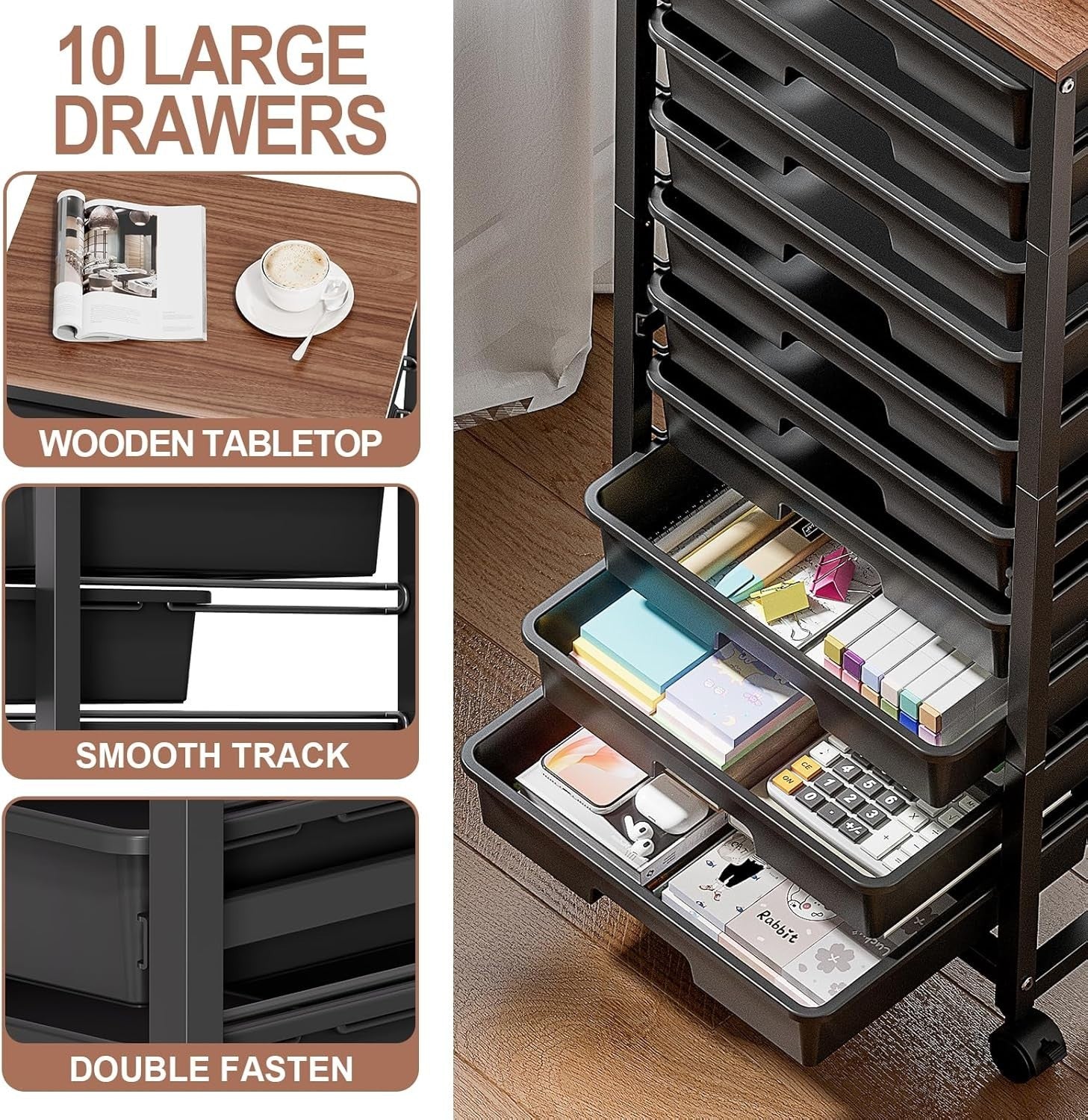 Black 10 Drawer Rolling Storage Trolley Craft Organizer with Wooden Top