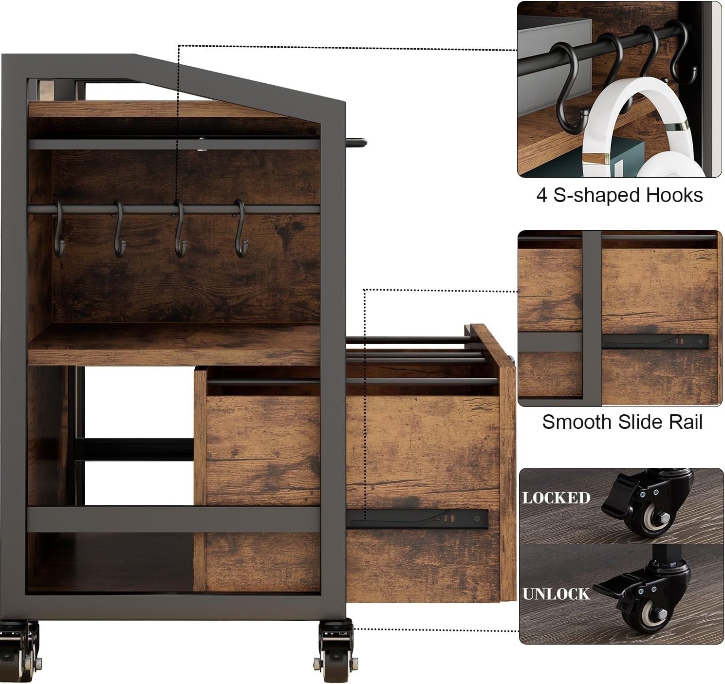 Rustic Brown Rolling Lateral File Cabinet Printer Stand Legal Letter